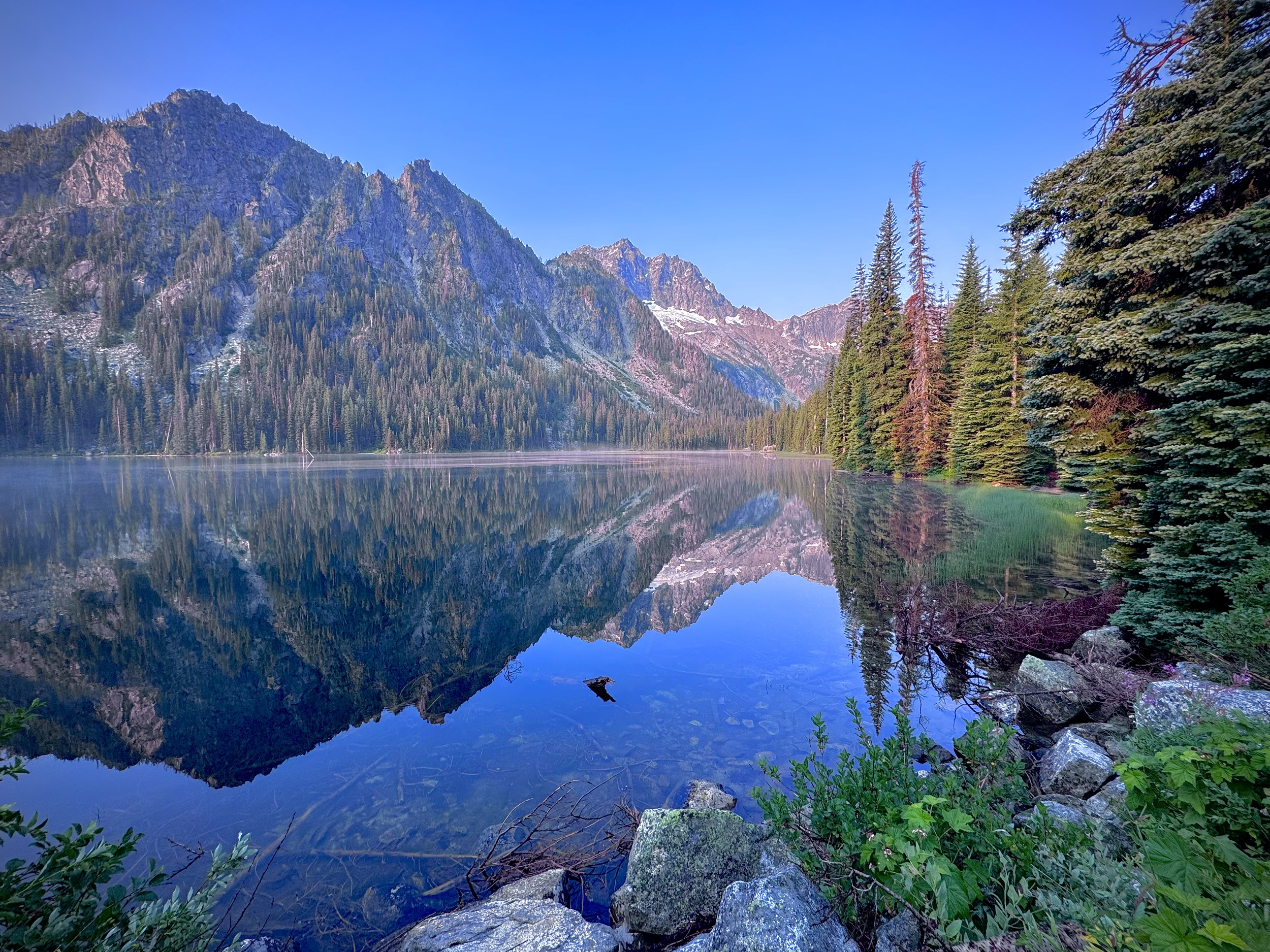 Mountain range and evergreen trees reflected in a calm lake with rocks and bushes in the foreground on a clear day.