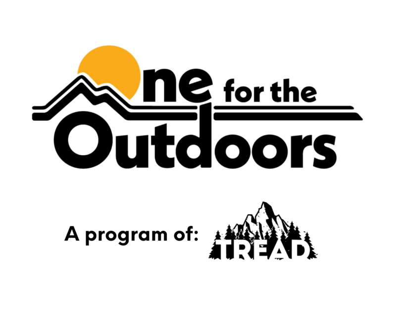 Logo for 'One for the Outdoors,' featuring stylized mountain and sun graphics, with text indicating it is a program of 'TREAD'.