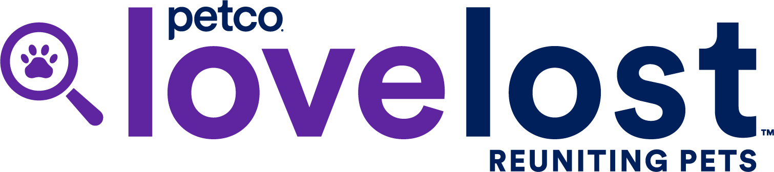 Petco Love Lost logo with a magnifying glass and paw print symbol, and the text 'love lost' and 'reuniting pets'.