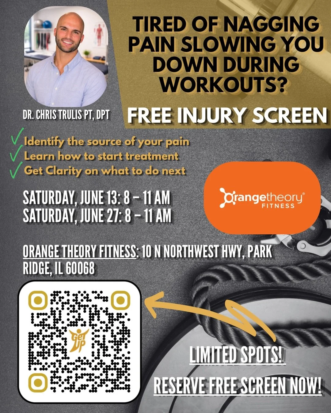 🚨 Hey @orangetheoryfitnessparkridge !! Do you have nagging pains during your workouts and not sure what is safe?

👉 Book a FREE injury screen with a doctor of physical therapy to help you understand: 

- Where your pain is coming from
- Why it&rsqu