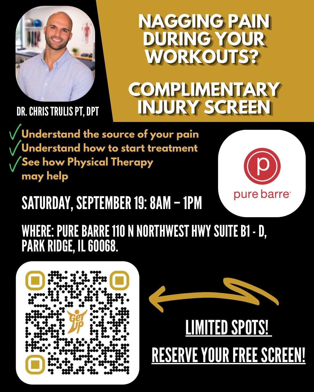 🚨 Hey @pbparkridge !! Do you have nagging pains during your workouts and not sure what is safe?

👉 Book a COMPLIMENTARY injury screen with a doctor of physical therapy to help you understand: 

- Where your pain is coming from
- Why it&rsquo;s happ