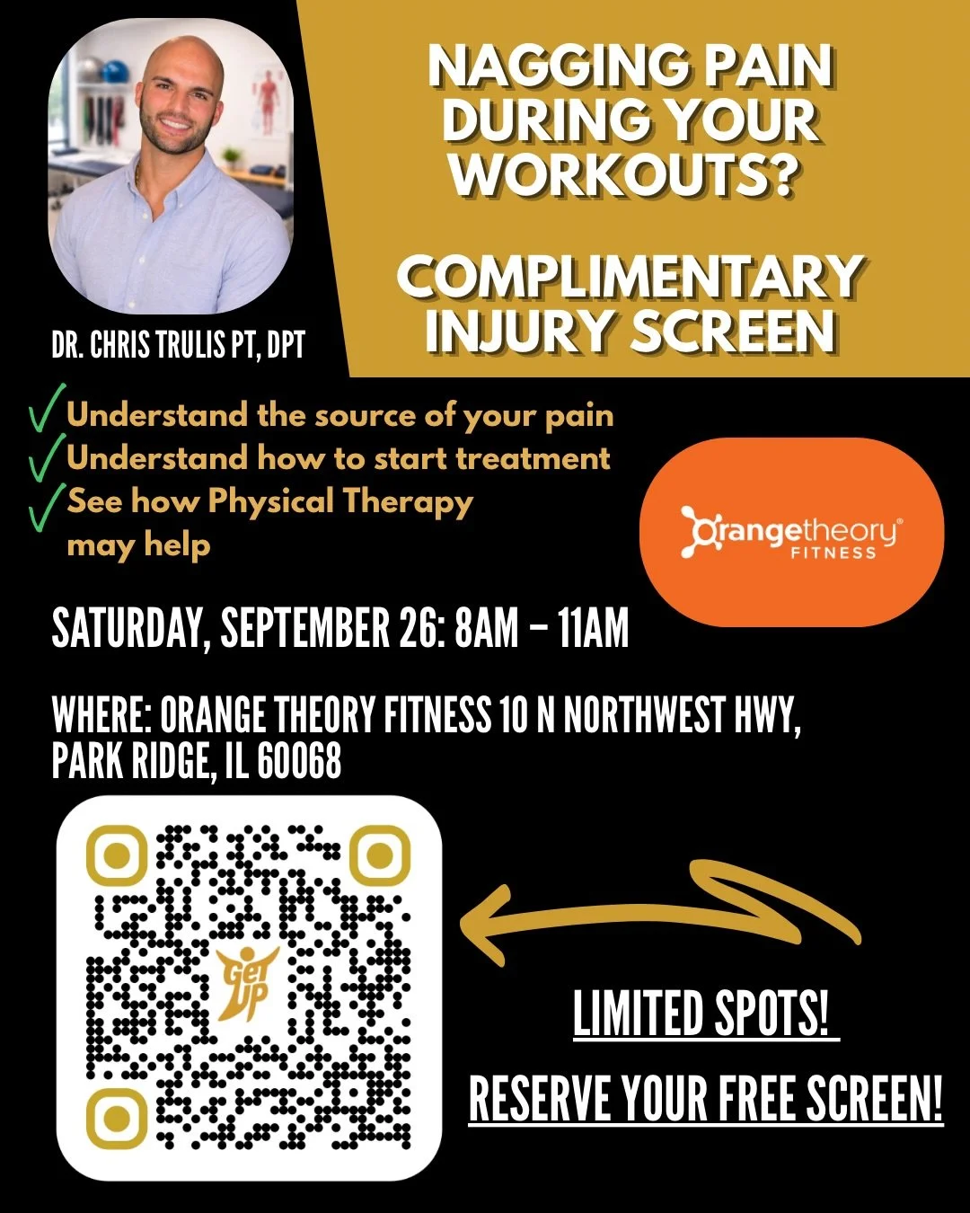 🚨 Hey @orangetheoryfitnessparkridge !! Do you have nagging pains during your workouts and not sure what is safe?

👉 Book a COMPLIMENTARY injury screen with a doctor of physical therapy to help you understand: 

- Where your pain is coming from
- Wh