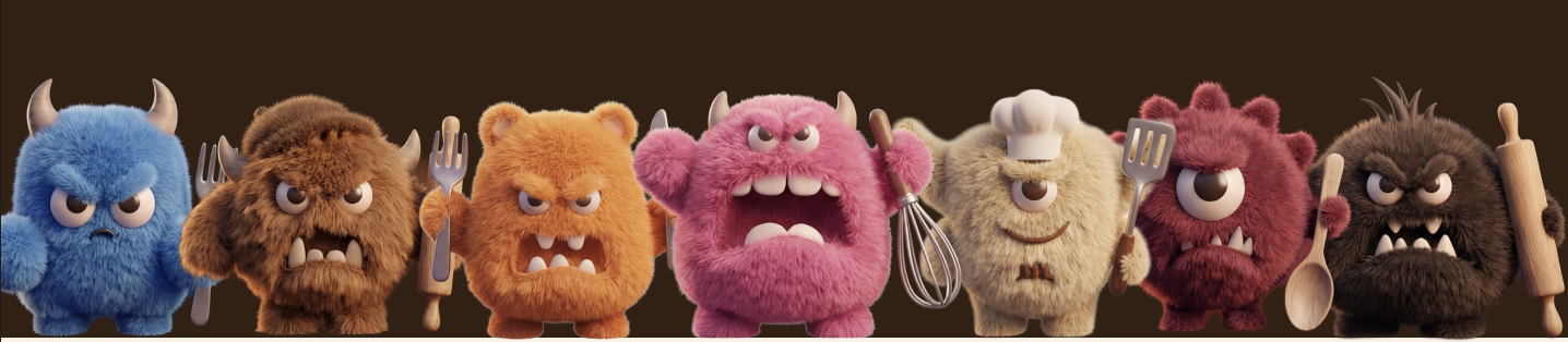 Series of animated monsters with various colors and expressions, holding kitchen utensils and a rolling pin, standing in a row against a dark background.