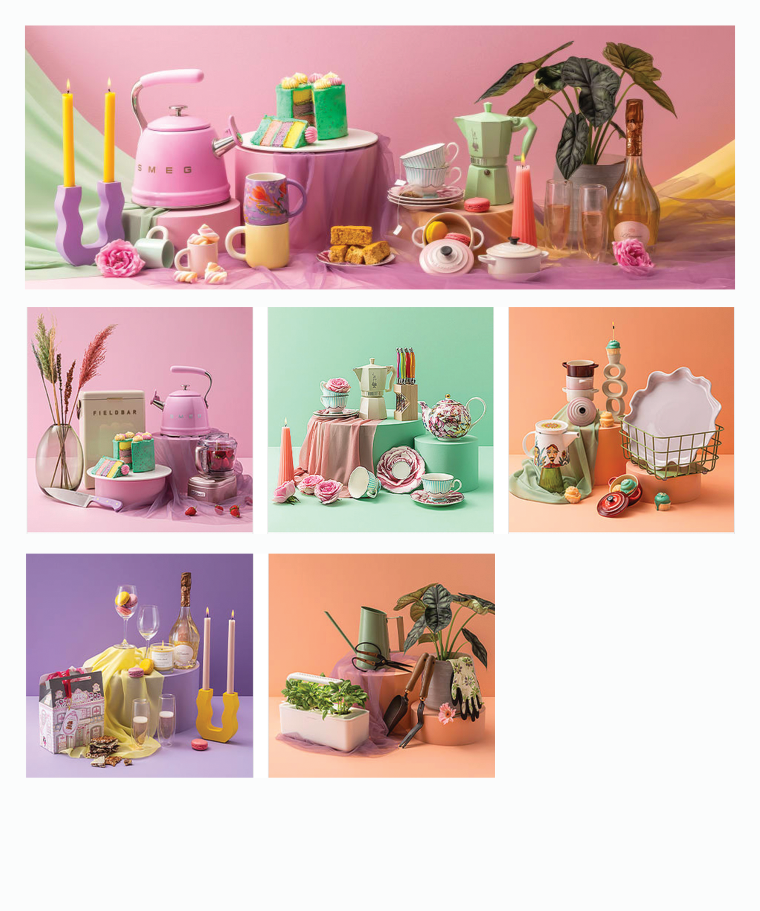A collage of various web assets, decorative table settings and arrangements, including vases with flowers, candles, teapots, cups, plates, desserts, and household items, all featuring pastel and vibrant colors with a modern, whimsical aesthetic.