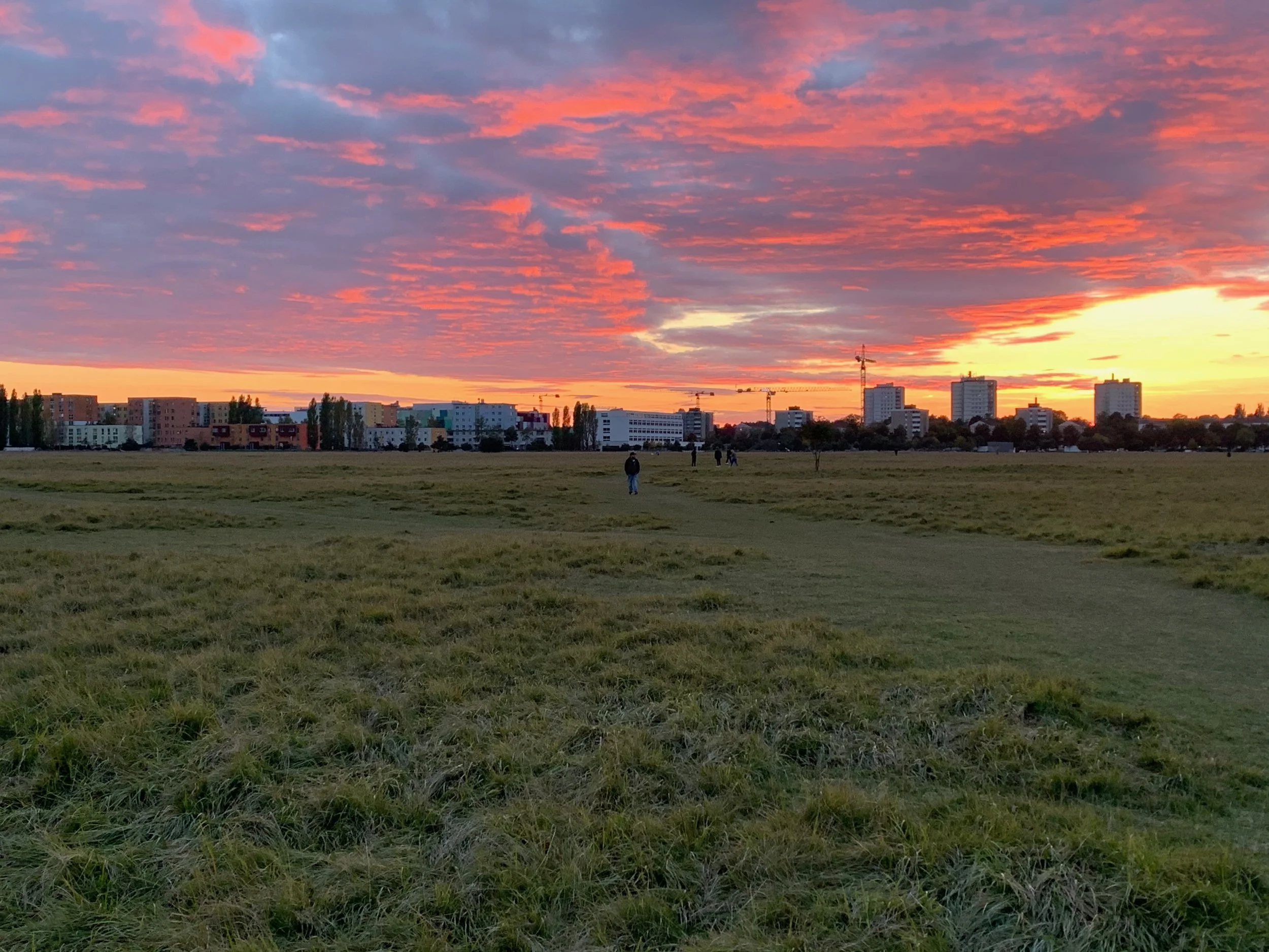 A city skyline at sunset with colorful clouds in the sky and a grassy field in the foreground. There are a few people walking in the field, and several buildings and construction cranes in the distance.