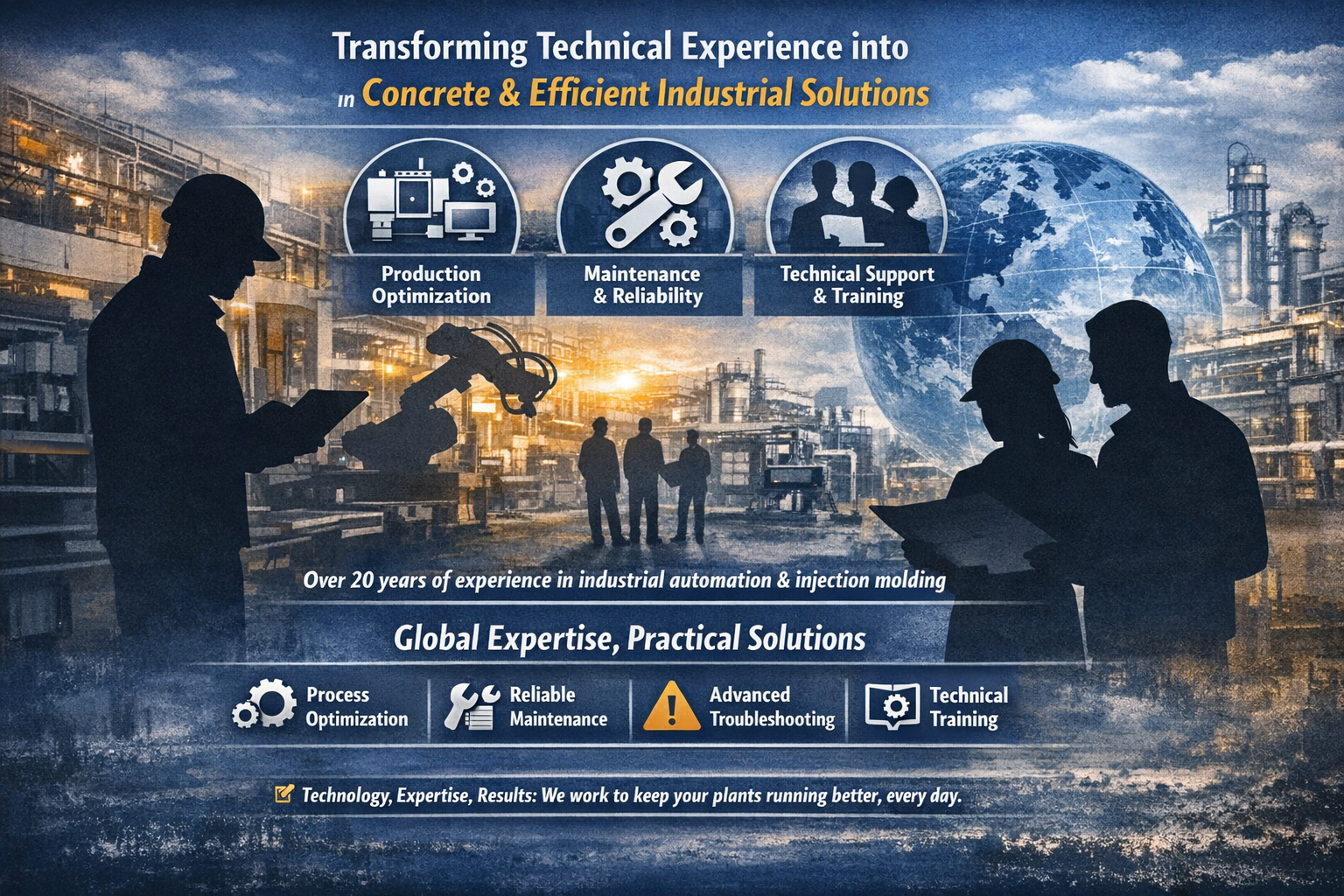 Industrial factory background with silhouettes of workers and a robot, overlayed with icons and text about industrial automation services like production optimization, maintenance, technical support, and troubleshooting, emphasizing global expertise and practical solutions.