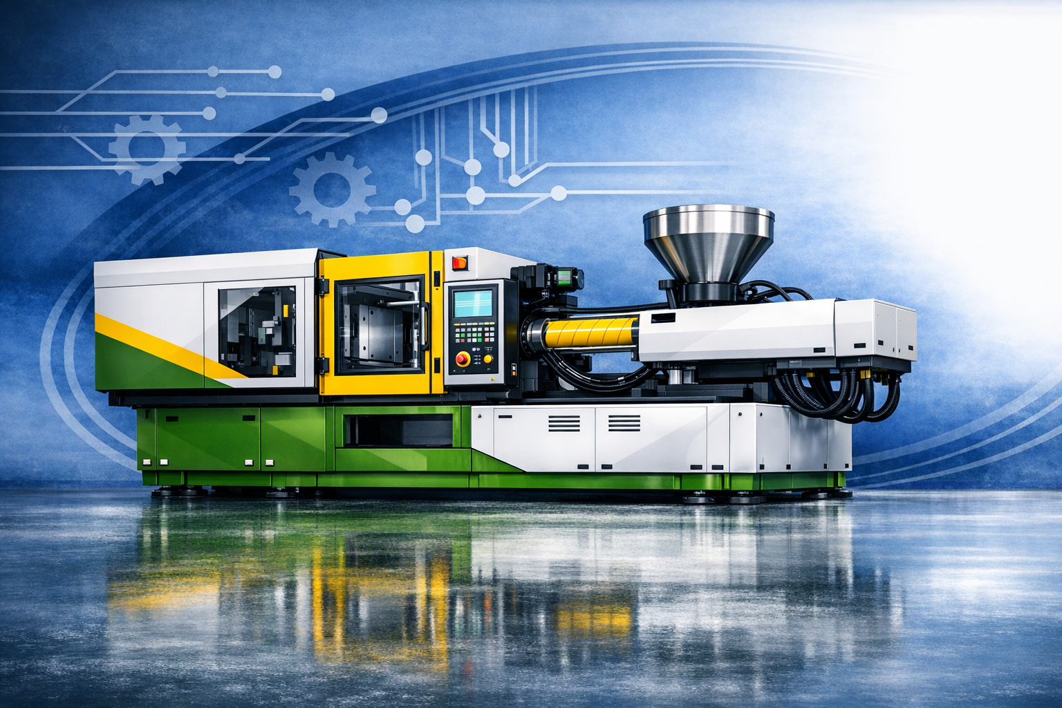 Large industrial 3D printing machine with yellow, green, white, and black components, reflecting on a polished floor against a blue background with digital circuit graphics.