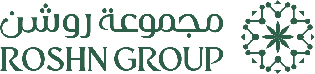 Logo with Arabic text and English text 'ROSHN GROUP' alongside a circular graphic with leaf and molecular design elements.