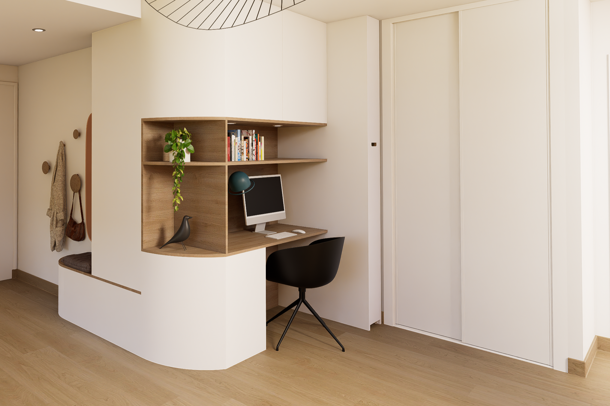 Bureau sur mesure en bois clair intégré dans un studio à Alfortville par Hermineh Décoration, aménagement de petit espace.
