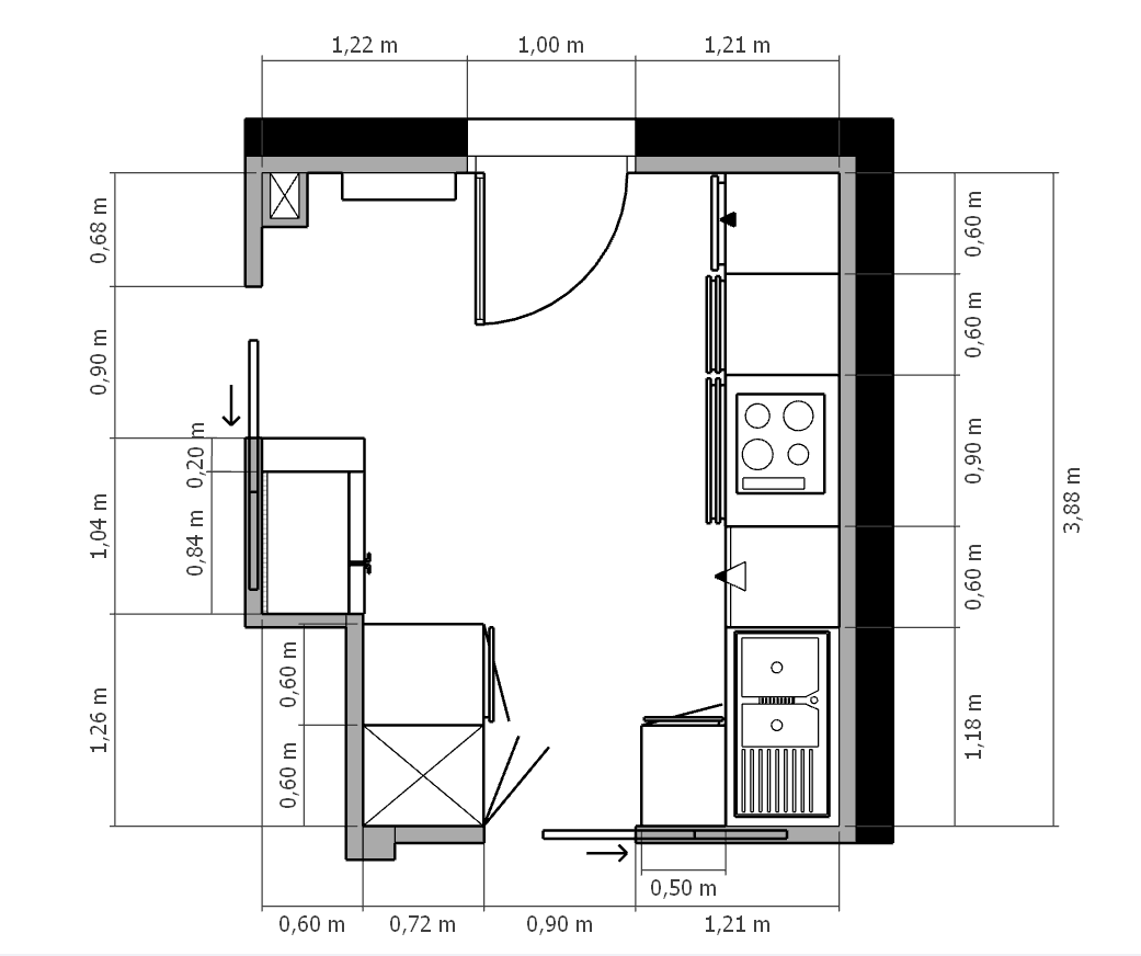Plan 2D coté de la cuisine en L avec implantation des équipements - rénovation Les Clayes-sous-Bois.