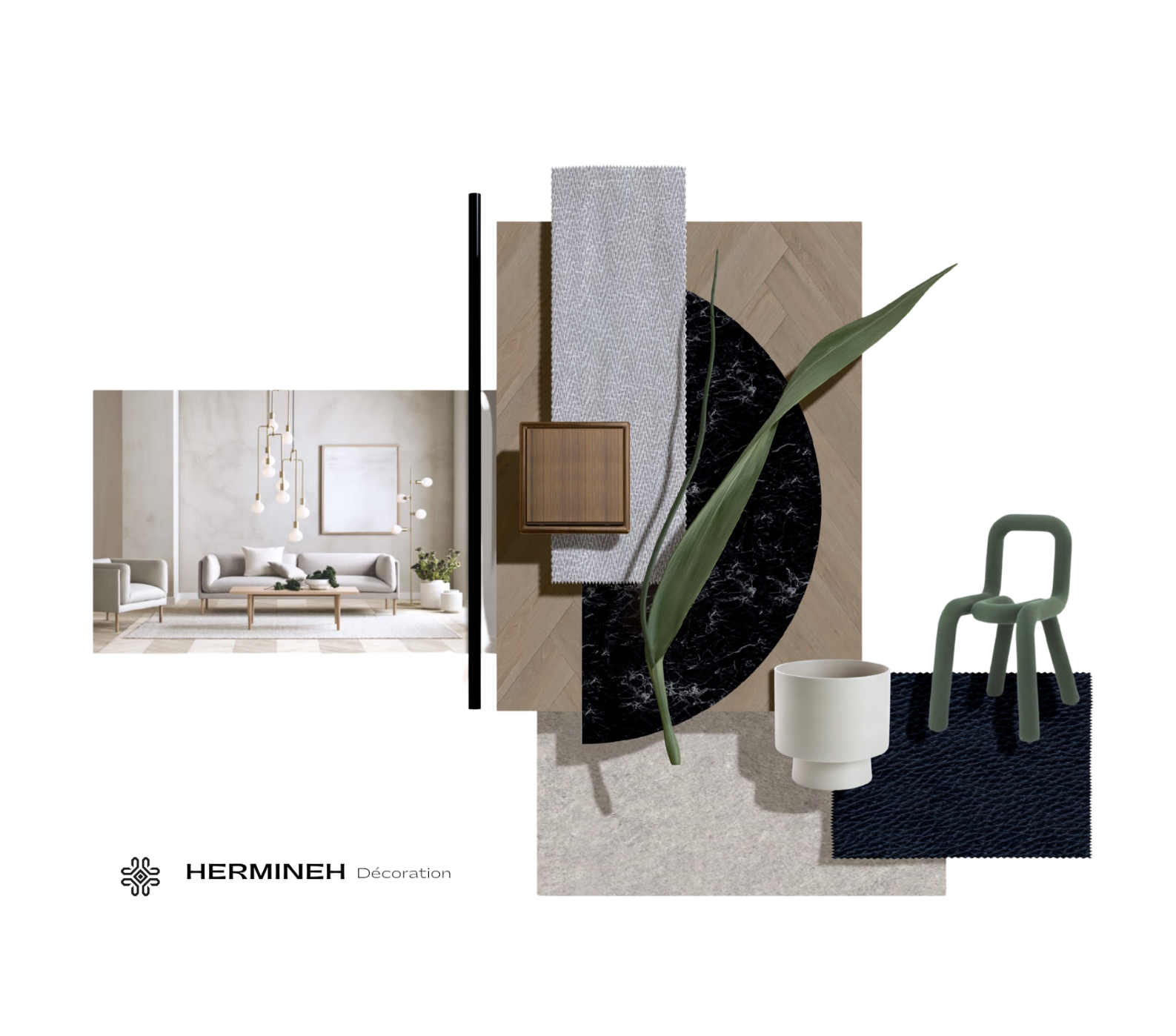 Collage de décoration intérieure avec meubles et matériaux dans des tons neutres et verts, comprenant un salon, un tapis, un fauteuil, un pot de fleurs, et des éléments de décoration moderne.