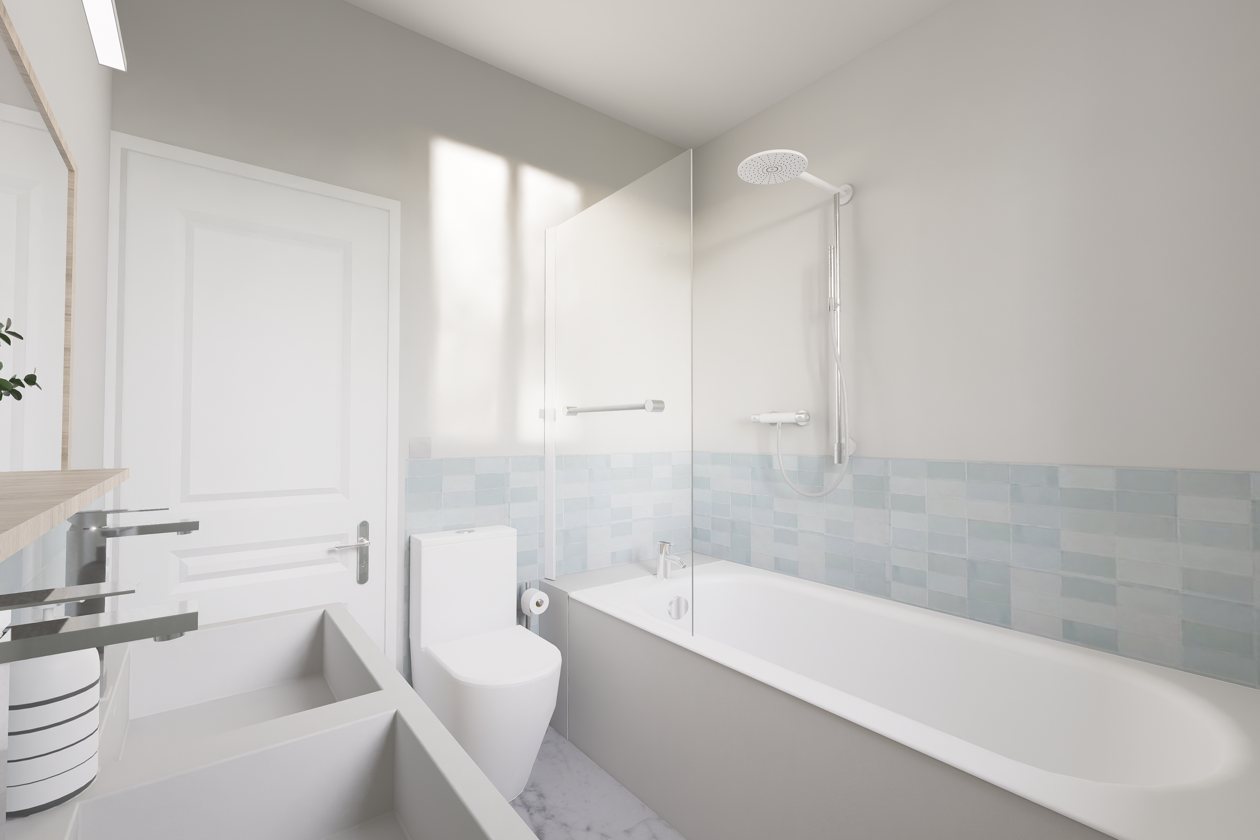 Idée de rénovation de salle de bain à Champigny-sur-Marne : baignoire avec colonne de douche et pare-baignoire en verre, WC et carrelage mural.