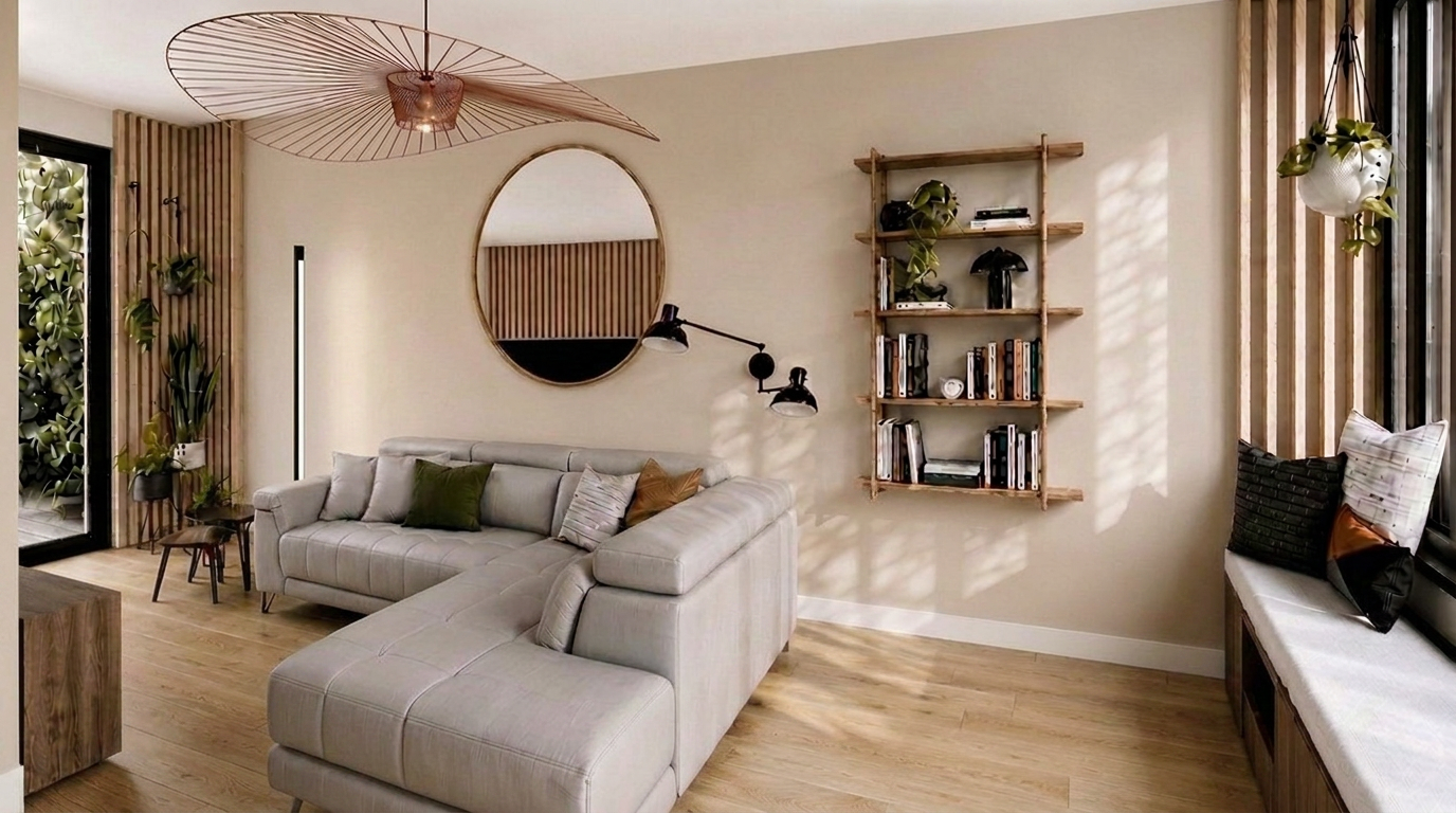 Aménagement de l'extension d'une maison à Champigny-sur-Marne : grand salon chaleureux avec canapé d'angle et déco scandinave.