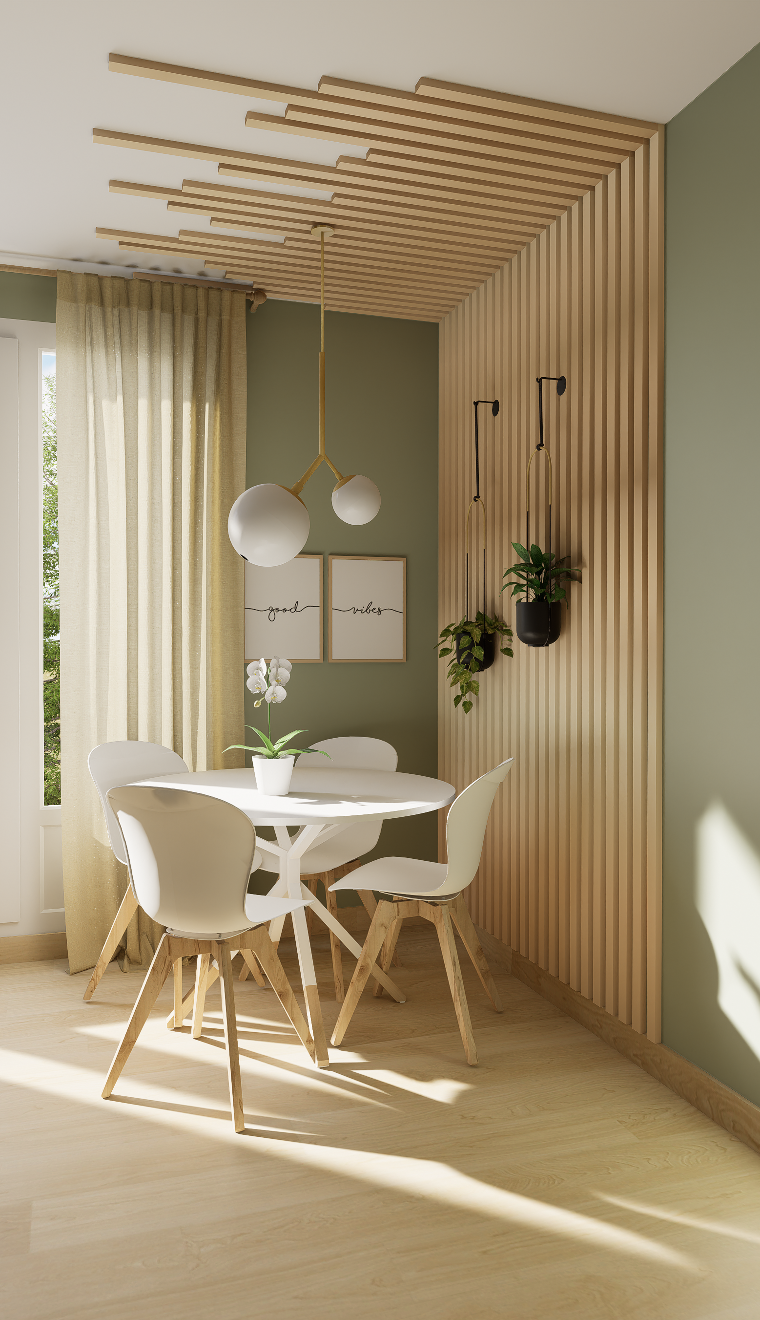 Coin repas scandinave avec claustra bois, vue rapprochée table et chaises- rénovation Paris 13
