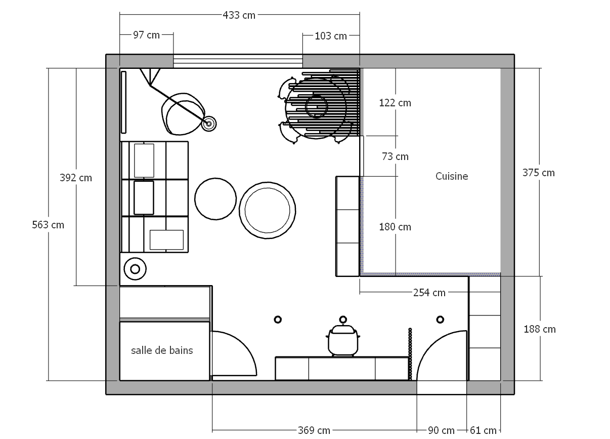Plan 2D coté de l'appartement avec cuisine, salle de bains et espace de vie - projet Paris 13