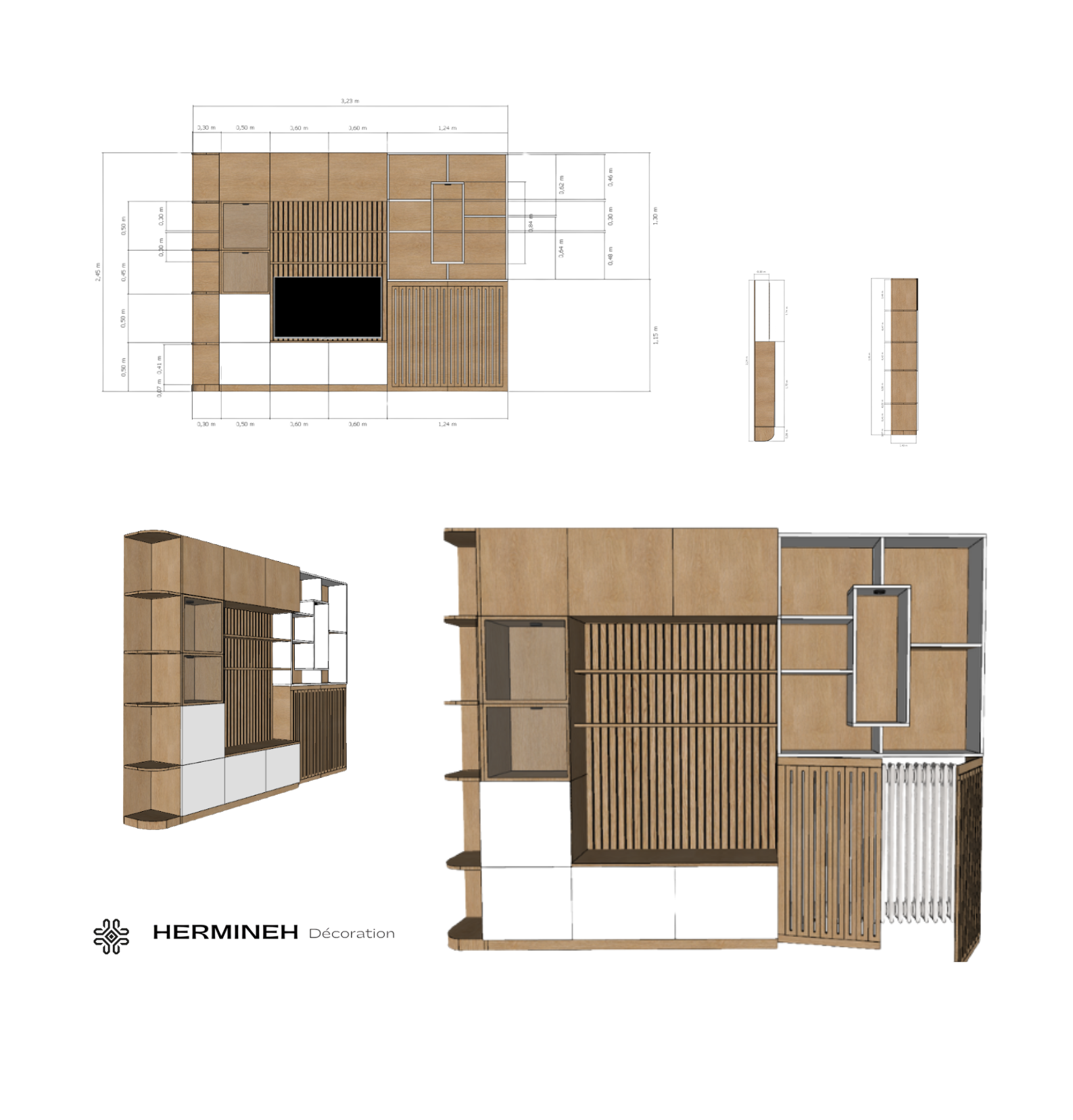 Plan et conception en 3D d'un meuble ou d'une bibliothèque en bois avec des dimensions détaillées.