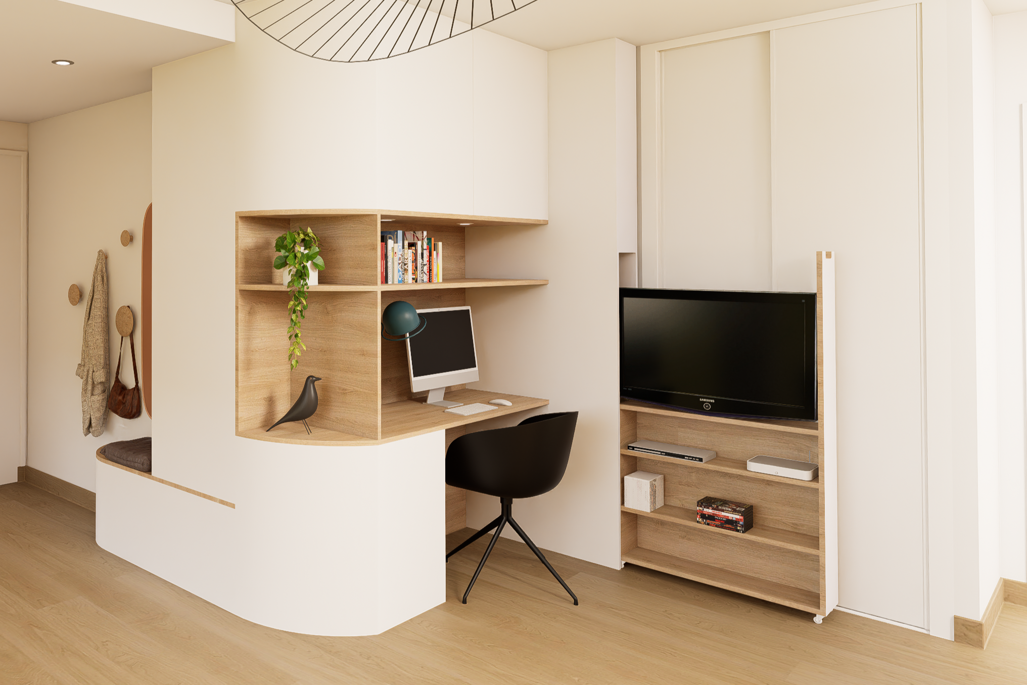 Meuble TV et bureau intégré sur mesure multifonctionnel en bois et blanc pour l'aménagement d'un studio à Alfortville.