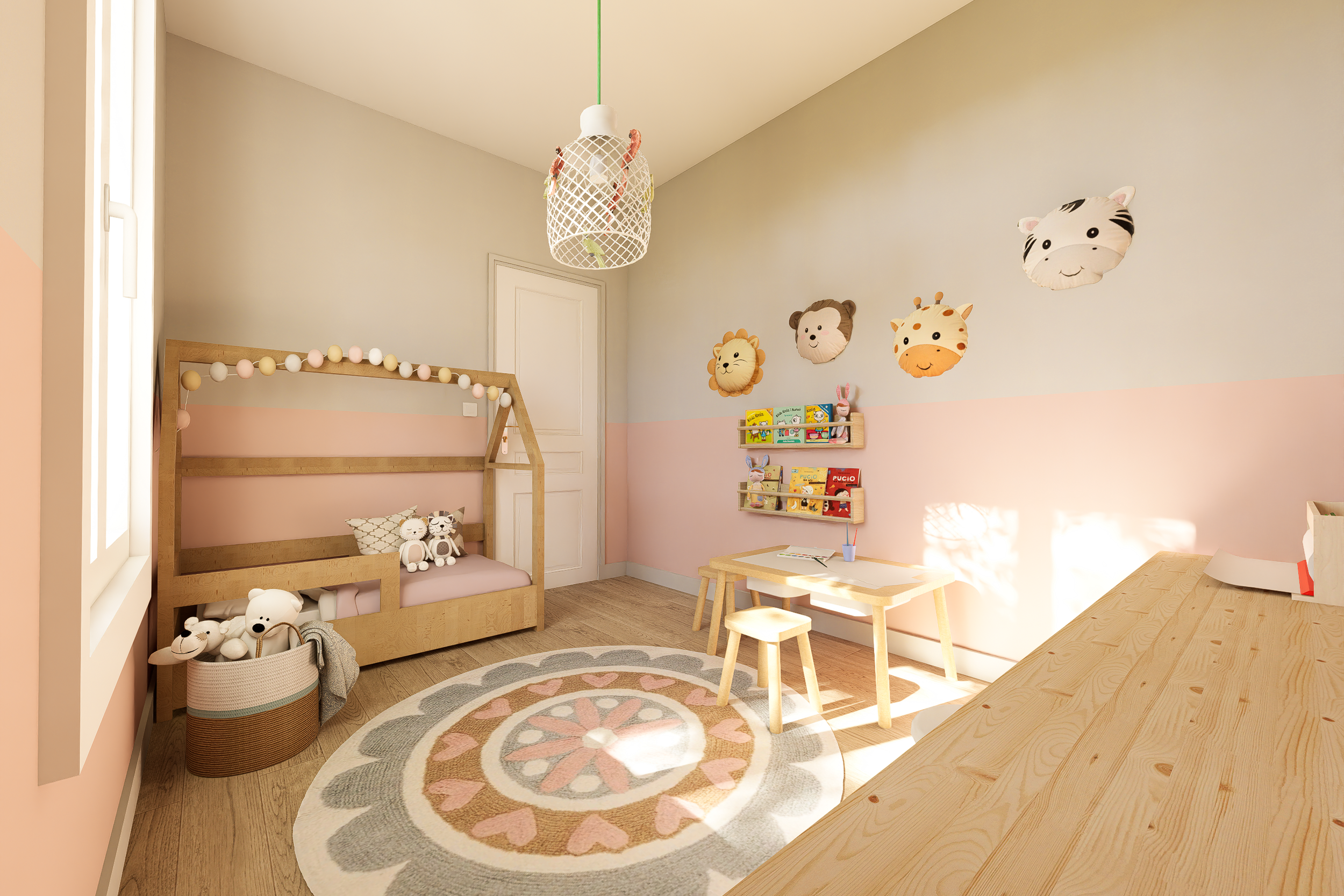 Idée d'agencement pour une chambre de fille ou salle de jeux : mur bicolore rose et gris, petite table en bois et déco animaux.