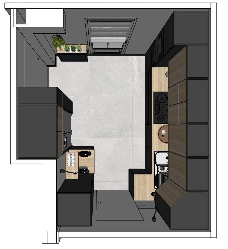 Plan 3D vue de dessus de la cuisine en L avec implantation four, frigo et évier - rénovation Les Clayes-sous-Bois.