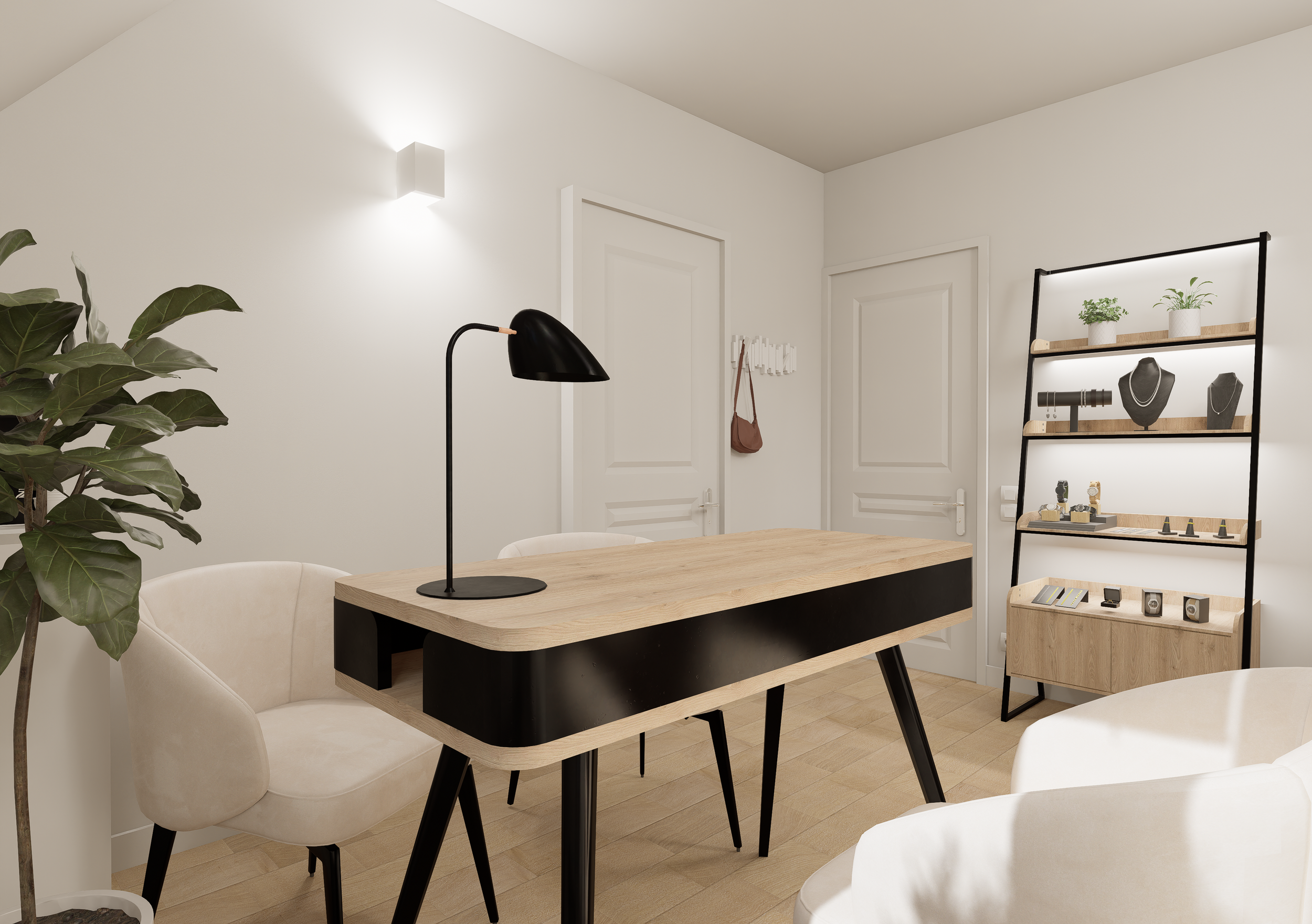 Espace de vente bijoux avec étagère présentoir éclairée et vitrines - Paris 1er.