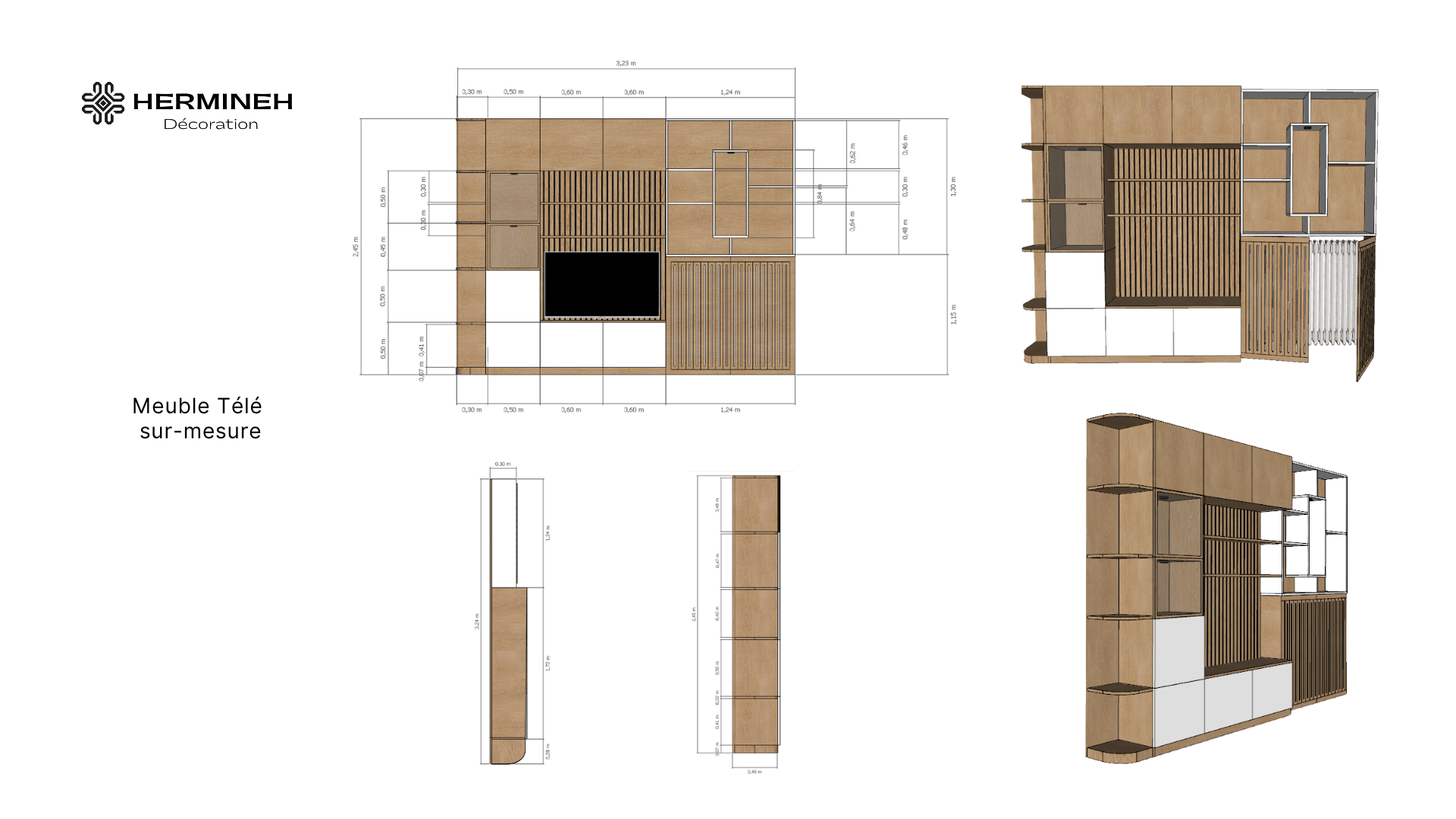 Plans de coupe et élévations d'un meuble TV sur-mesure en bois avec niches et claustra - Maisons-Alfort.
