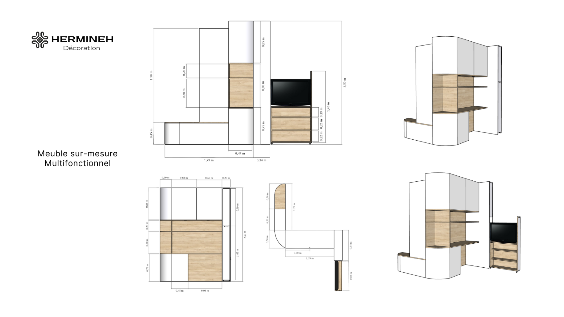 Plan technique et modélisation 3D d'un meuble TV et bureau intégré sur mesure multifonctionnel en bois et blanc.