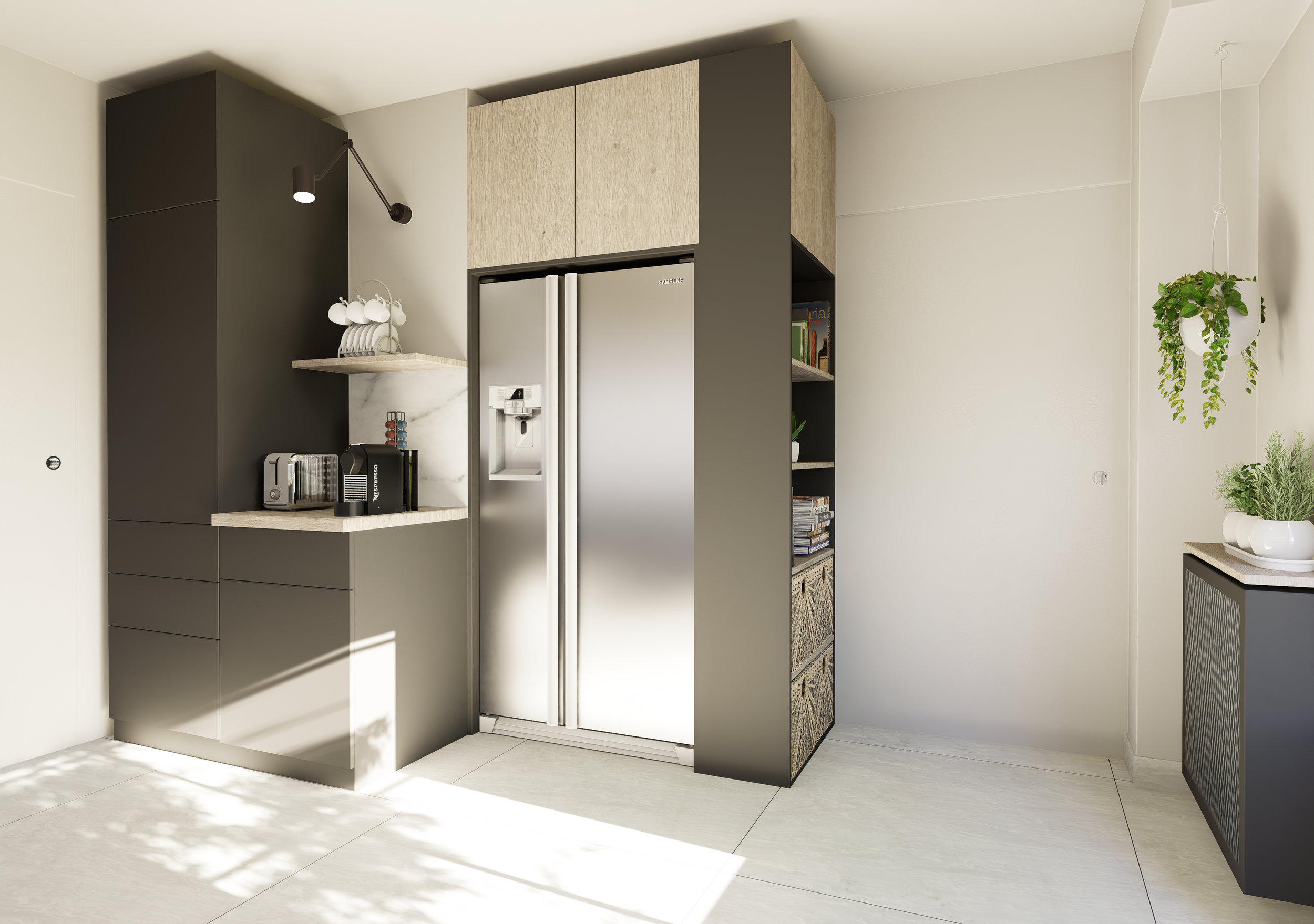 Coin café et frigo américain encastré avec rangements ouverts bois - rénovation Les Clayes-sous-Bois.
