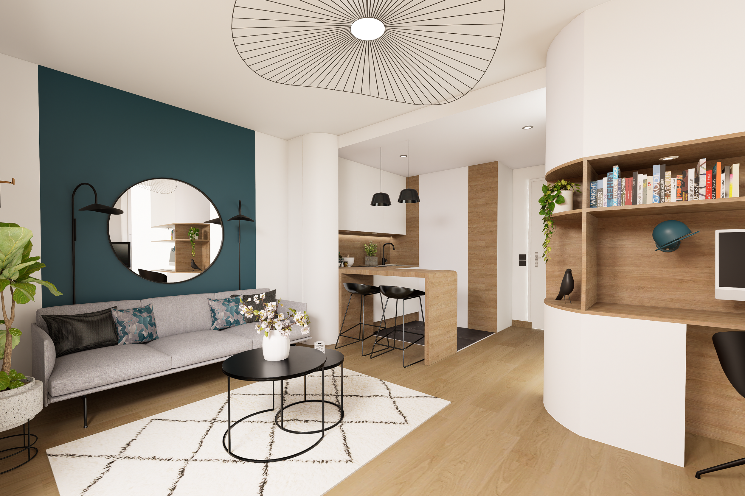 Aménagement d'un studio moderne à Alfortville avec salon contemporain, mur bleu canard et cuisine ouverte optimisée.