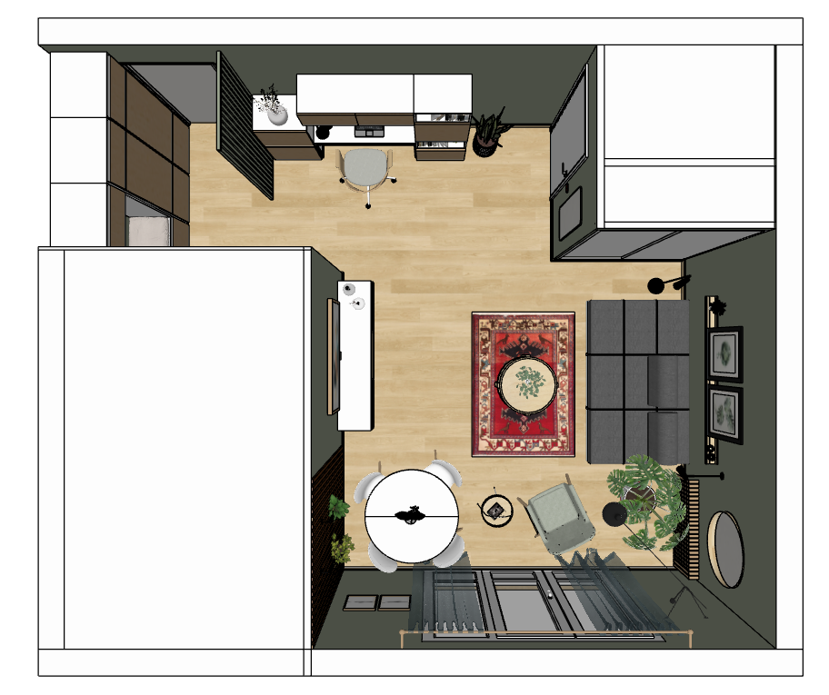 Plan 3D vue de dessus de l'appartement avec salon, bureau et salle à manger - rénovation Paris 13
