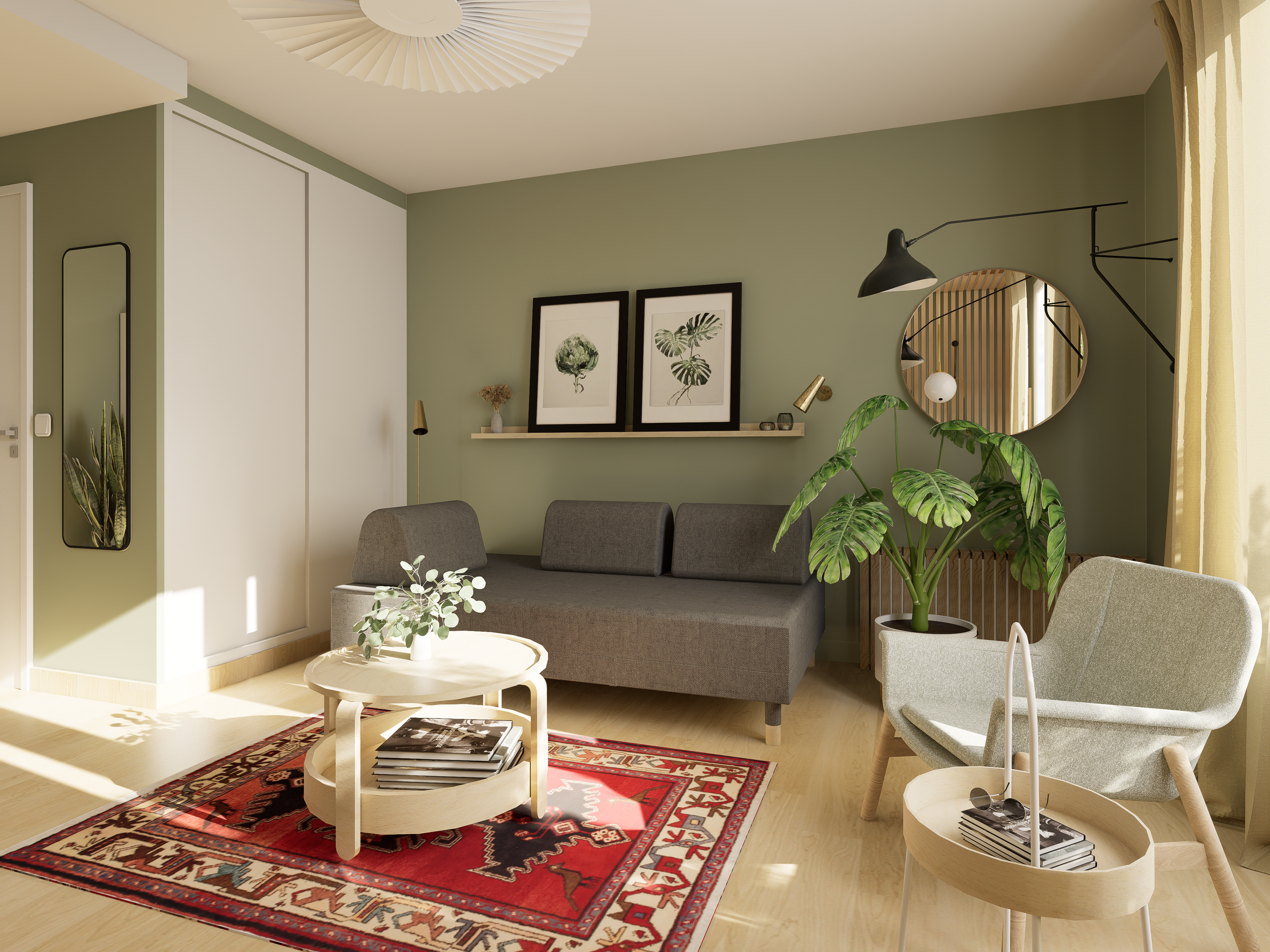 Salon scandinave canapé gris avec étagère cadres botaniques et miroir rond - rénovation Paris 13