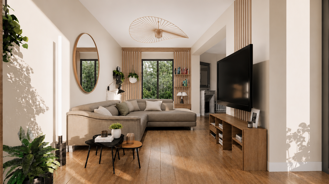 Idée d'agencement pour un salon lumineux dans l'extension d'une maison à Champigny-sur-Marne, avec meuble TV en bois et tasseaux décoratifs.