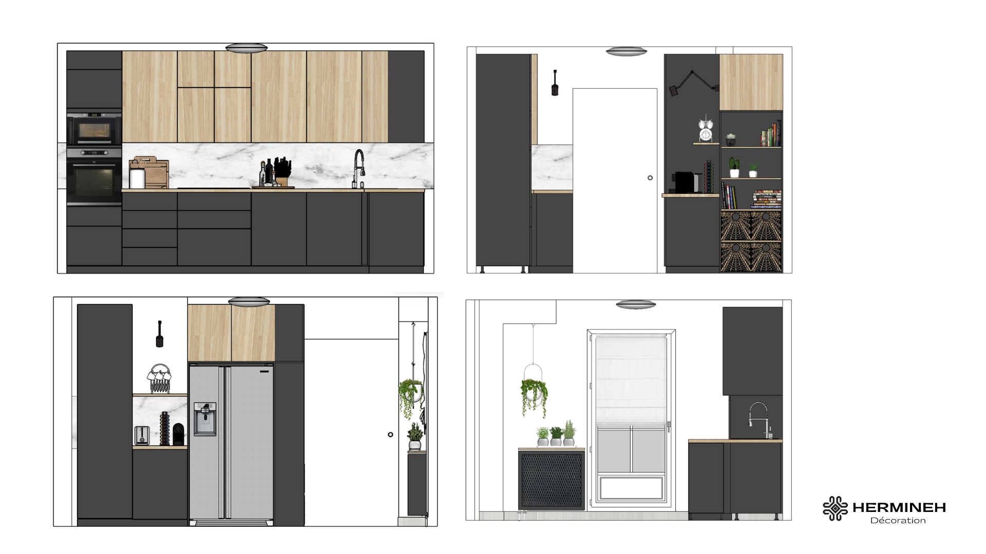 Plans de coupe des façades de la cuisine : cuisson, bibliothèque, frigo américain et fenêtre - rénovation Les Clayes-sous-Bois.