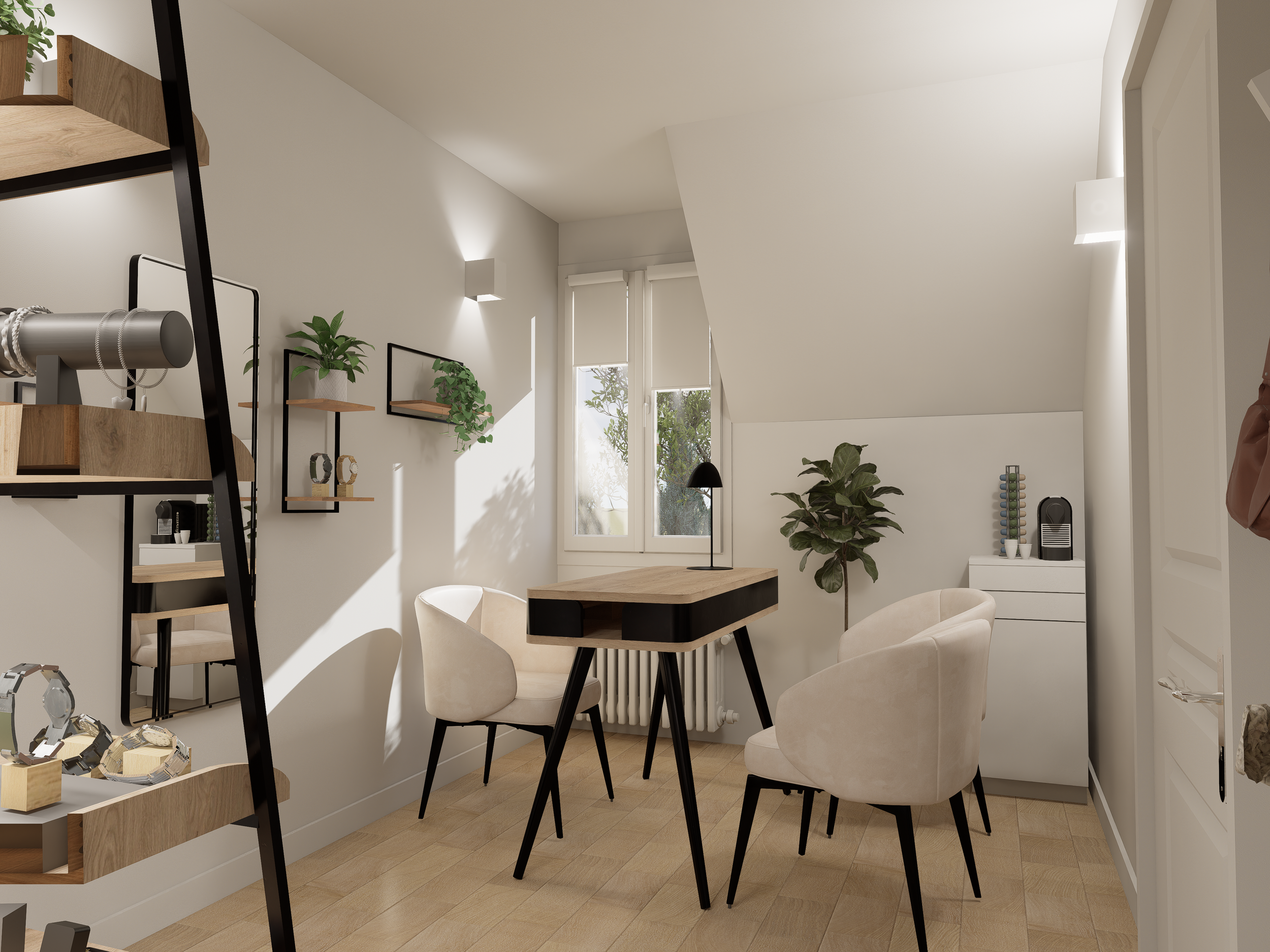 Espace de vente bijoux avec étagère display et coin essayage - Paris 1er.