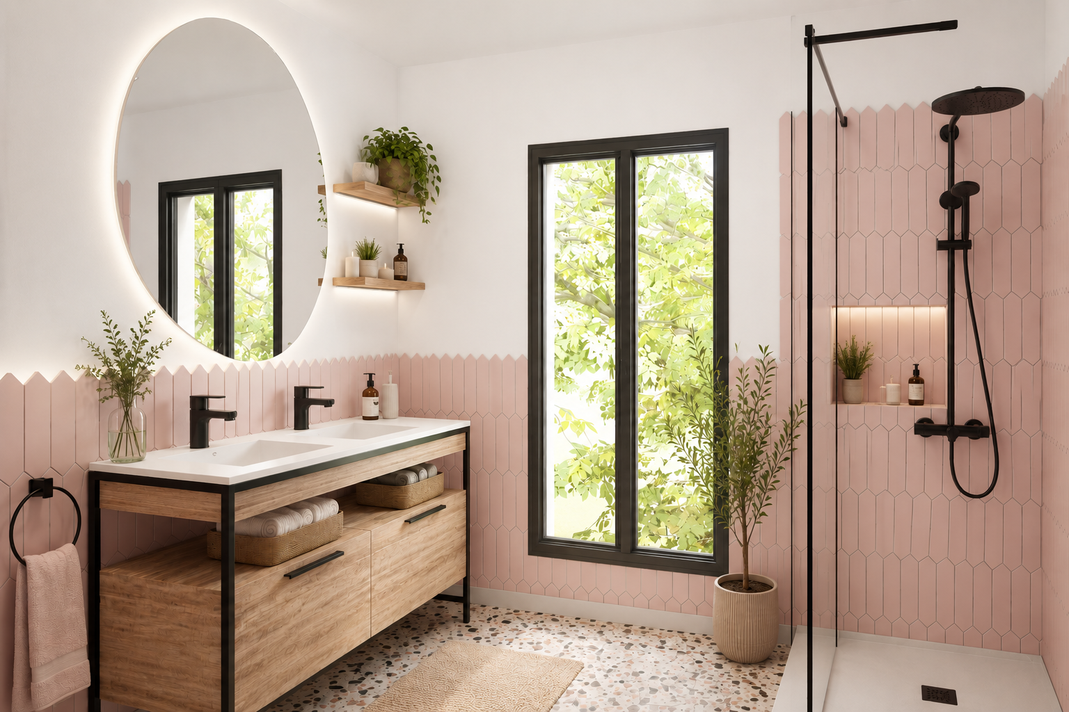 Aménagement de la salle de bain de la suite parentale, créée dans l'extension au premier étage d'une maison à Champigny-sur-Marne.