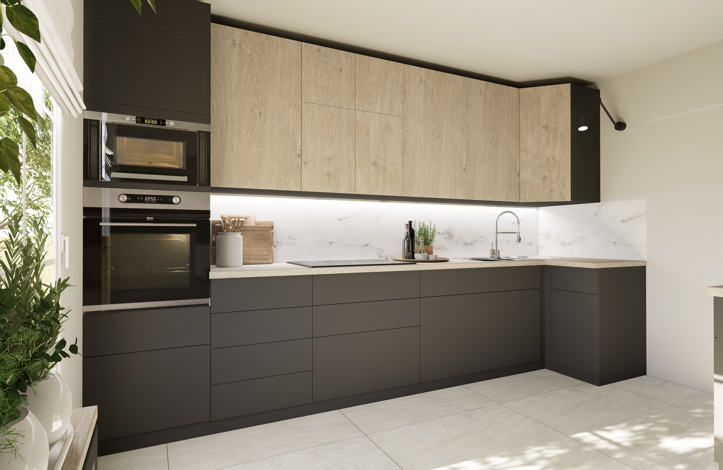 Cuisine en L moderne bois clair et anthracite avec crédence marbre - rénovation Les Clayes-sous-Bois.