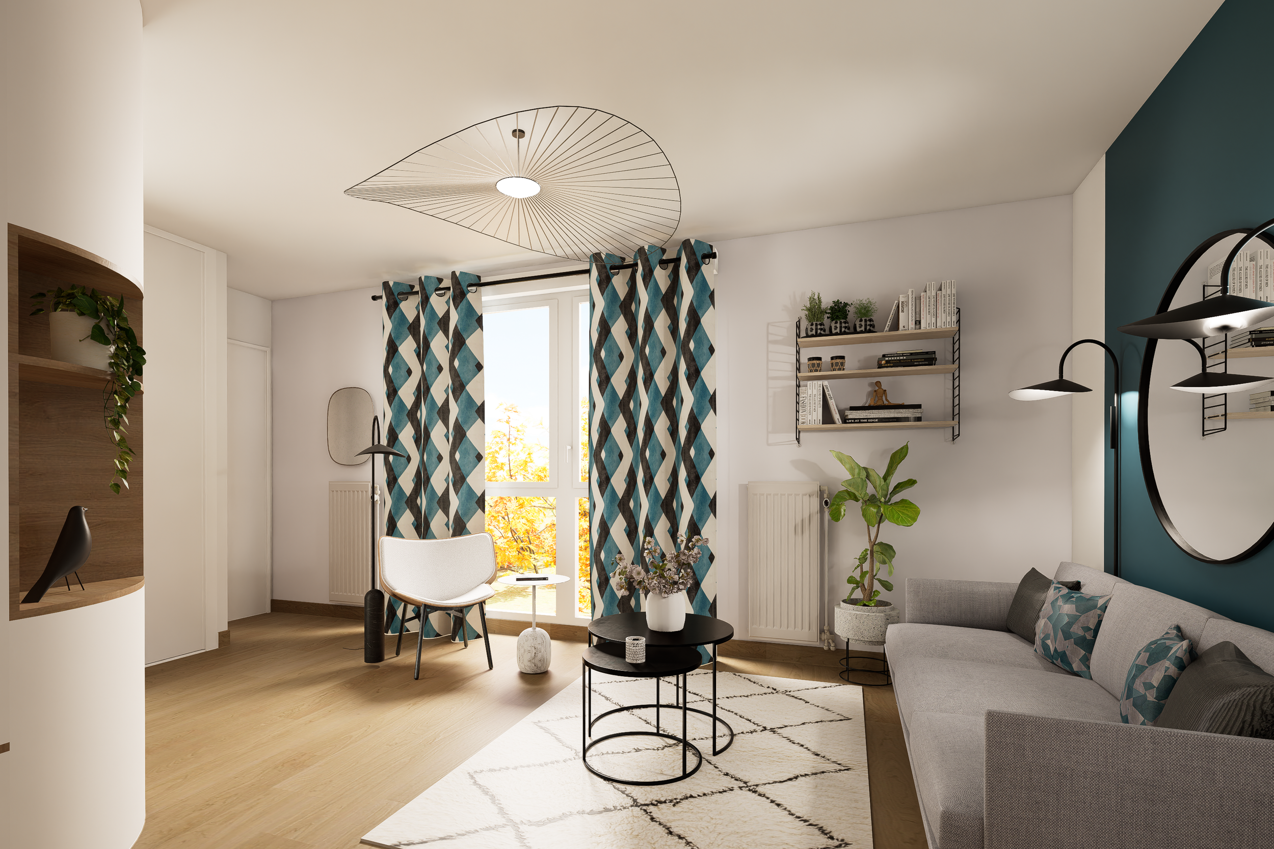 Aménagement d'un studio moderne à Alfortville avec salon contemporain, mur bleu canard et canapé gris.