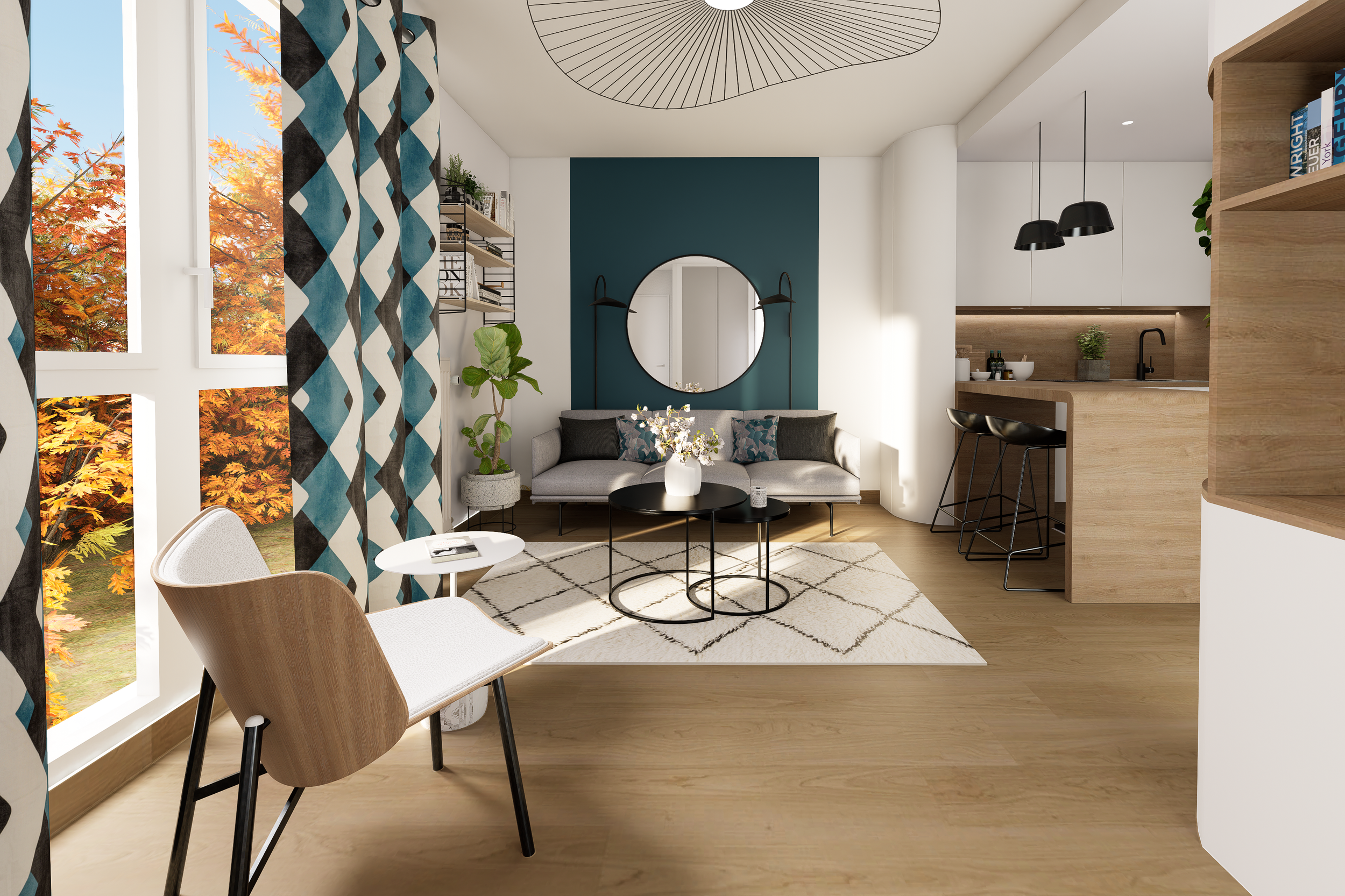 Salon moderne avec canapé gris, table basse ronde noire, tapis beige à motifs. Mur bleu avec miroir rond, étagère avec livres, plantes vertes, grandes fenêtres avec rideaux bleu à motifs. Coin cuisine avec bar et chaises noires, luminaires noirs suspendus, plan de travail en bois clair.