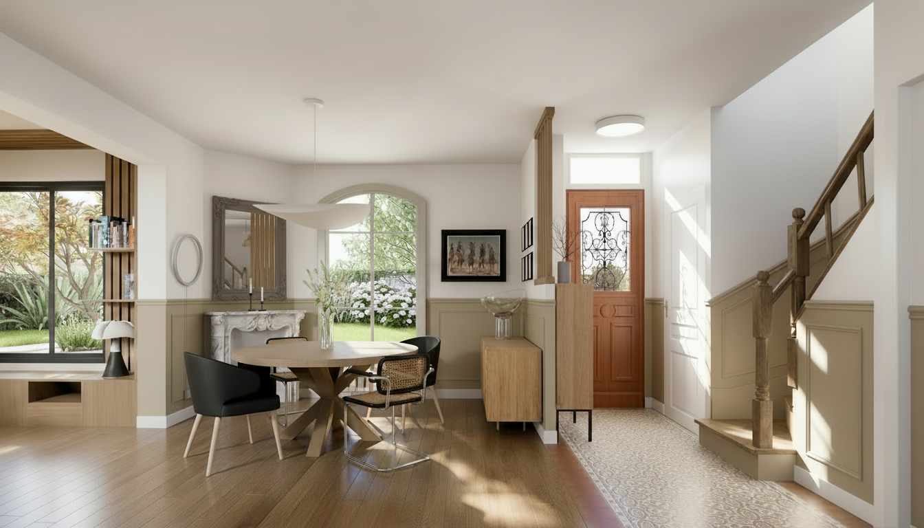Agencement d'une entrée de maison avec escalier en bois et séjour lumineux à Champigny-sur-Marne par Hermineh Décoration.