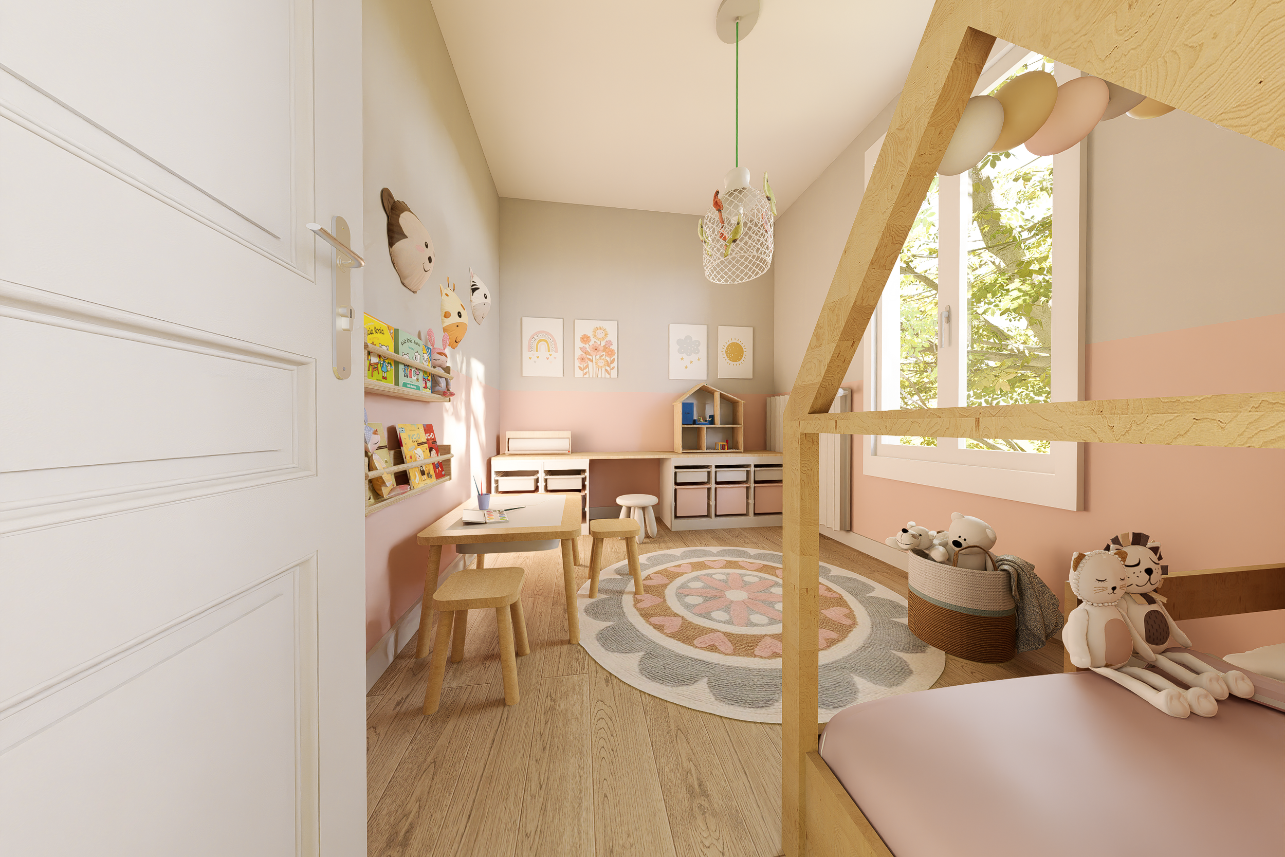 Aménagement d'une chambre d'enfant à Champigny-sur-Marne avec lit cabane en bois, table d'activité et déco rose poudré.