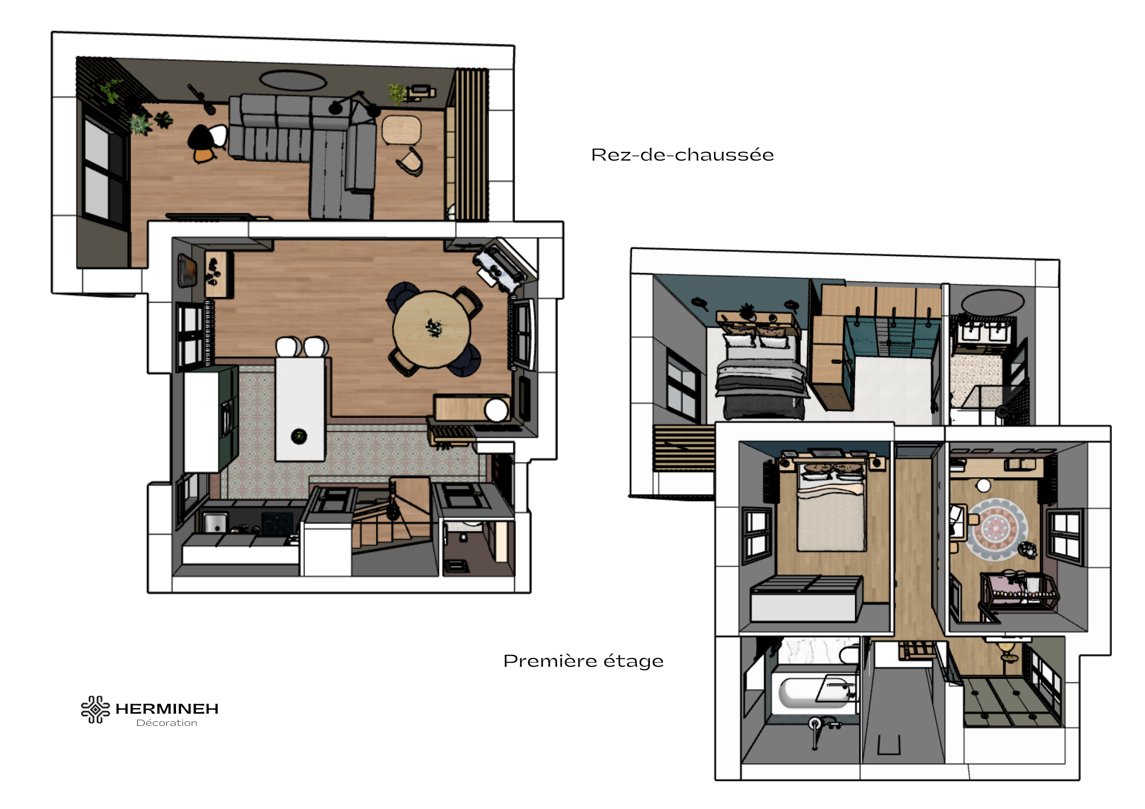 Plan d'aménagement 3D d'une maison à Champigny-sur-Marne avec extension comprenant séjour au rez-de-chaussée et suite parentale à l'étage.