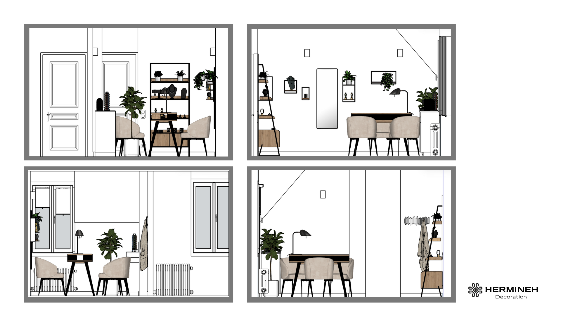 Plans de coupe des façades de l'espace de vente bijoux : entrée, miroir d'essayage et table - Paris 1er.