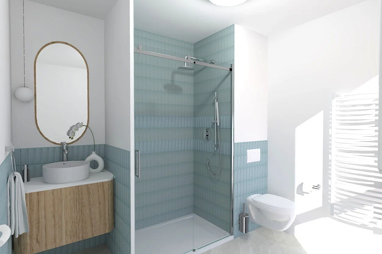 Aménagement de salle de bain moderne avec douche à l'italienne, carrelage bleu et meuble vasque en bois.