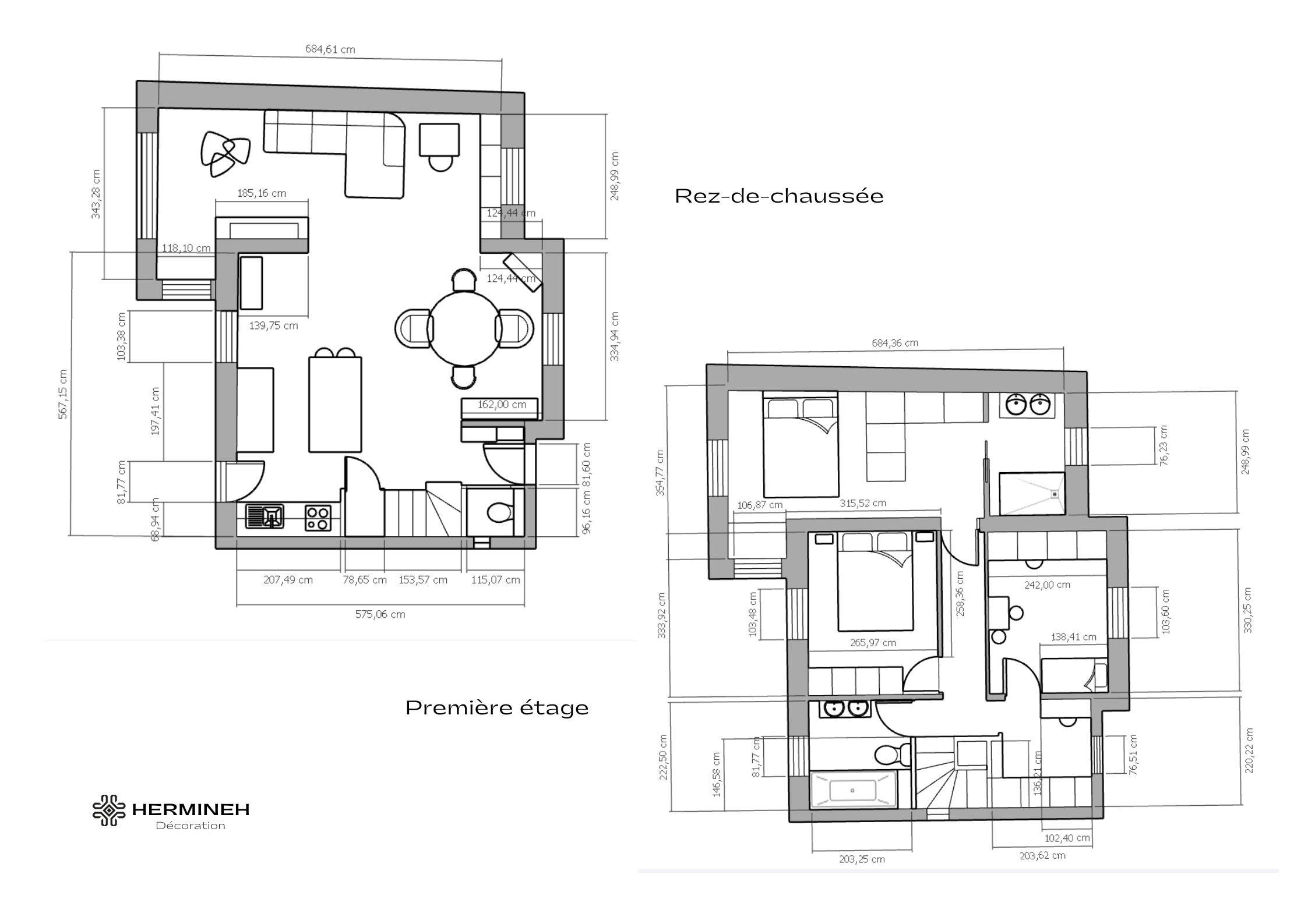 Plan d'agencement 2D avec cotes pour le projet d'extension et de rénovation d'une maison à Champigny-sur-Marne.
