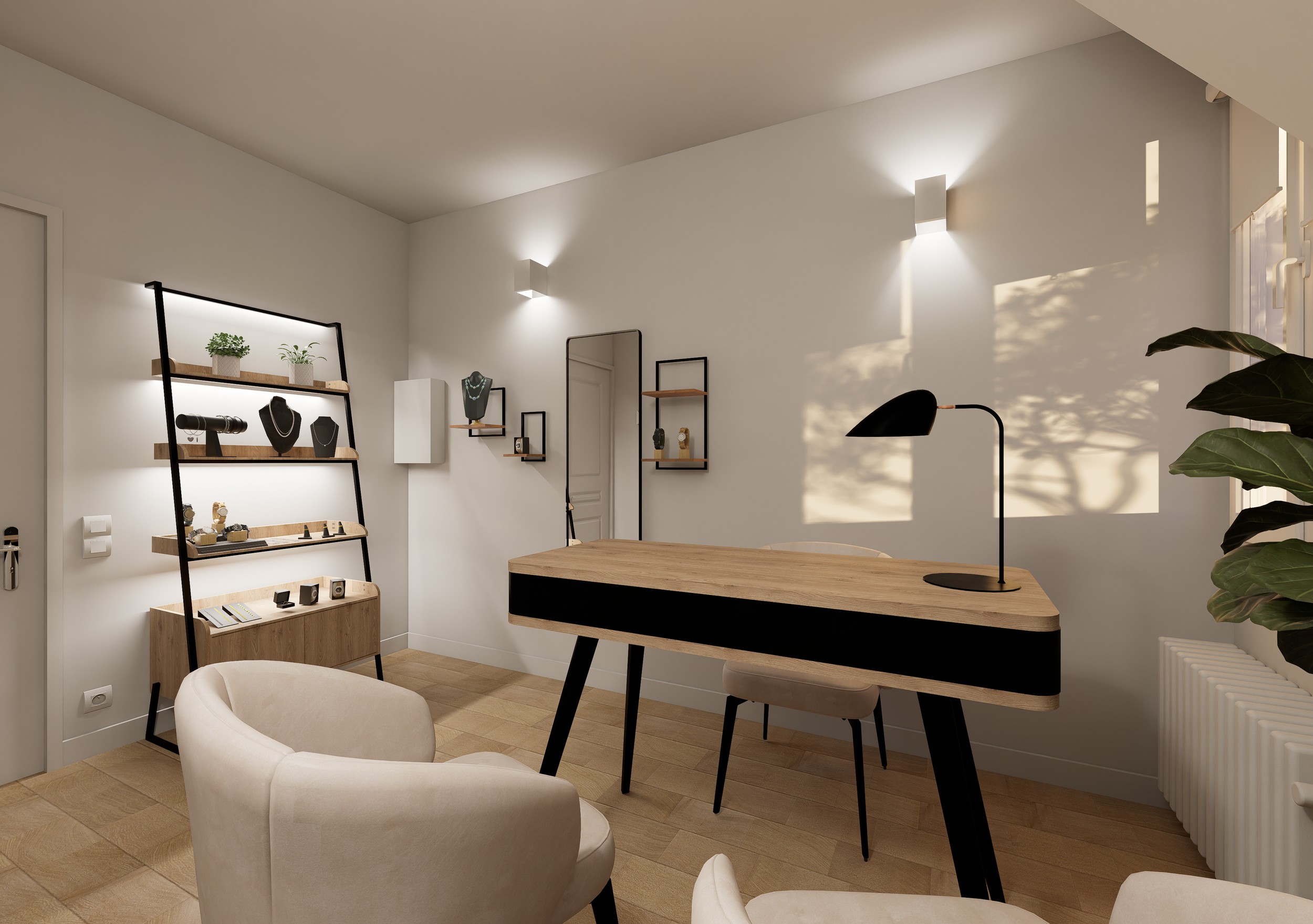 Espace de vente bijoux avec miroir d'essayage et niches display individuelles - Paris 1er.
