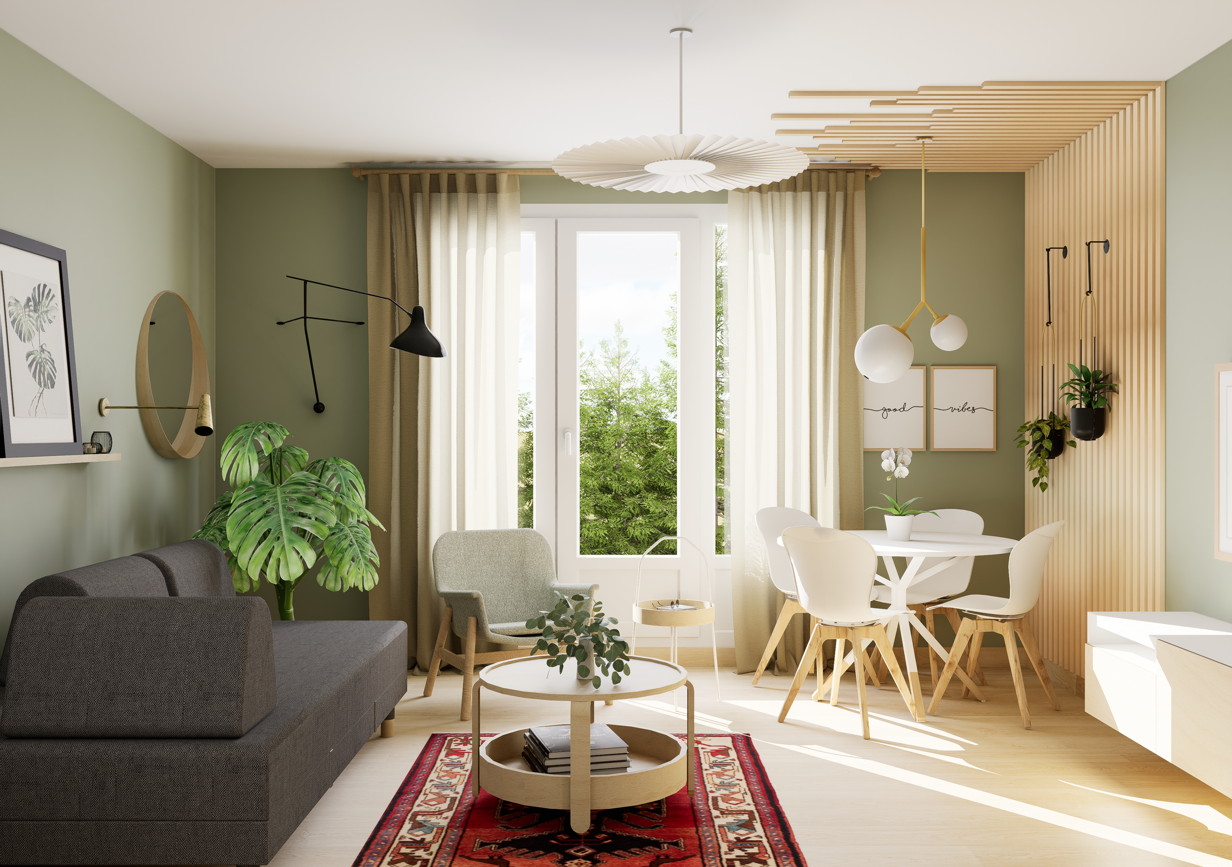 Salon salle à manger scandinave avec cloison en claustra bois et tapis persan - rénovation Paris 13