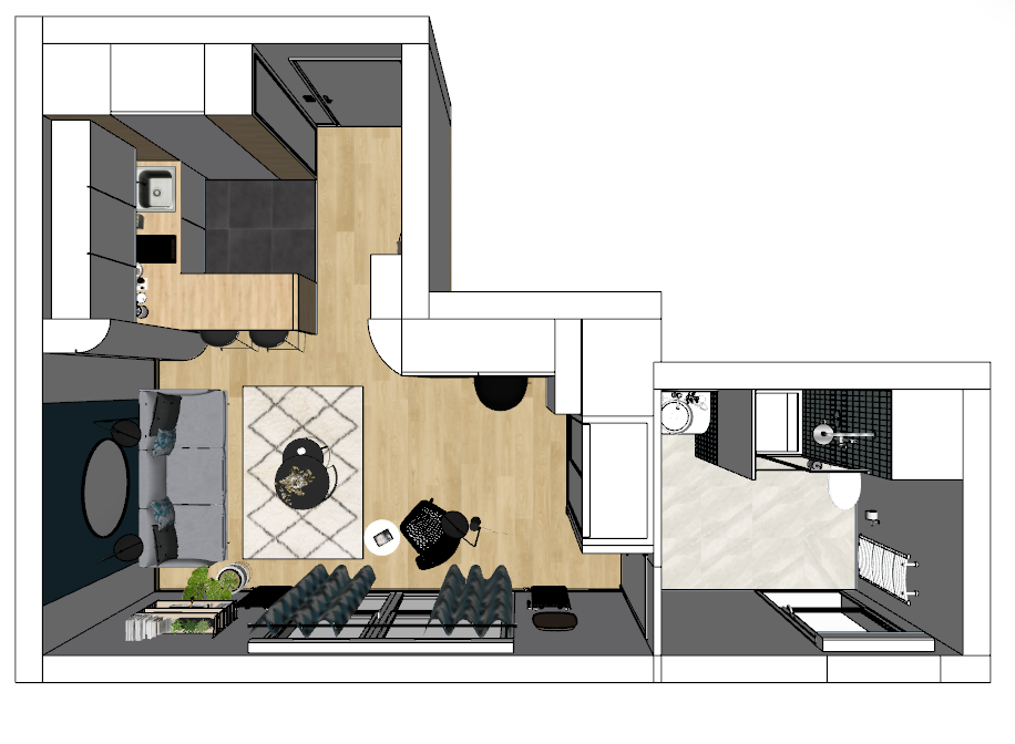 Plan vu de haut d'aménagement intérieur pour un projet de rénovation complète d'un studio.