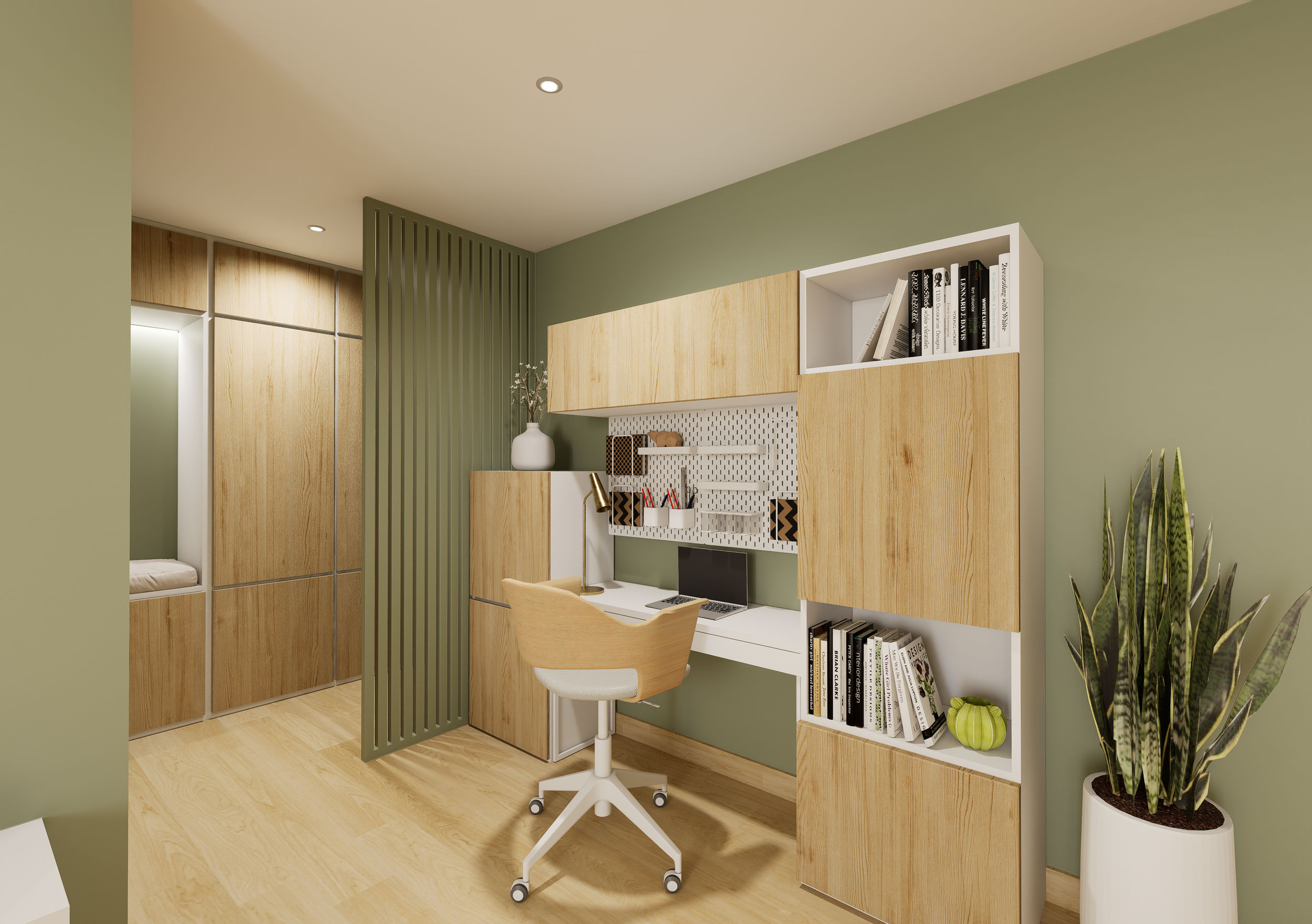 Aménagement d'un coin bureau fonctionnel pour le télétravail dans un studio à Paris 13 avec rangements en bois clair et claustra séparateur.
