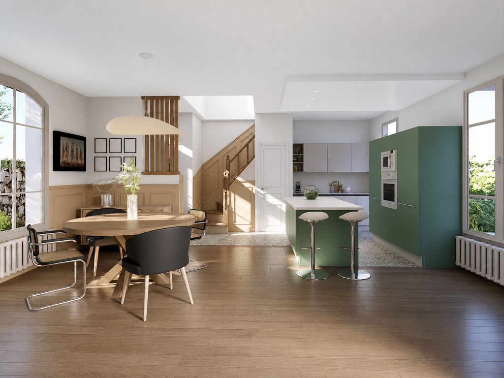 Aménagement d'une cuisine ouverte moderne vert sauge avec îlot central dans une maison à Champigny-sur-Marne.