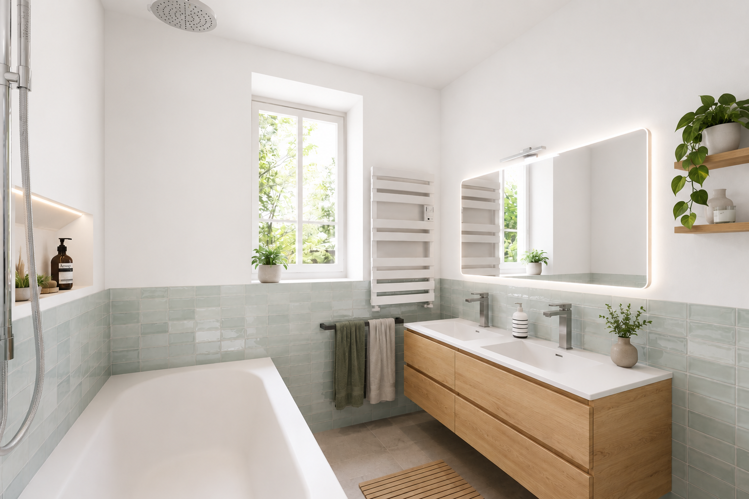 Aménagement d'une salle de bain moderne à Champigny-sur-Marne avec meuble double vasque en bois et carrelage zellige vert d'eau.