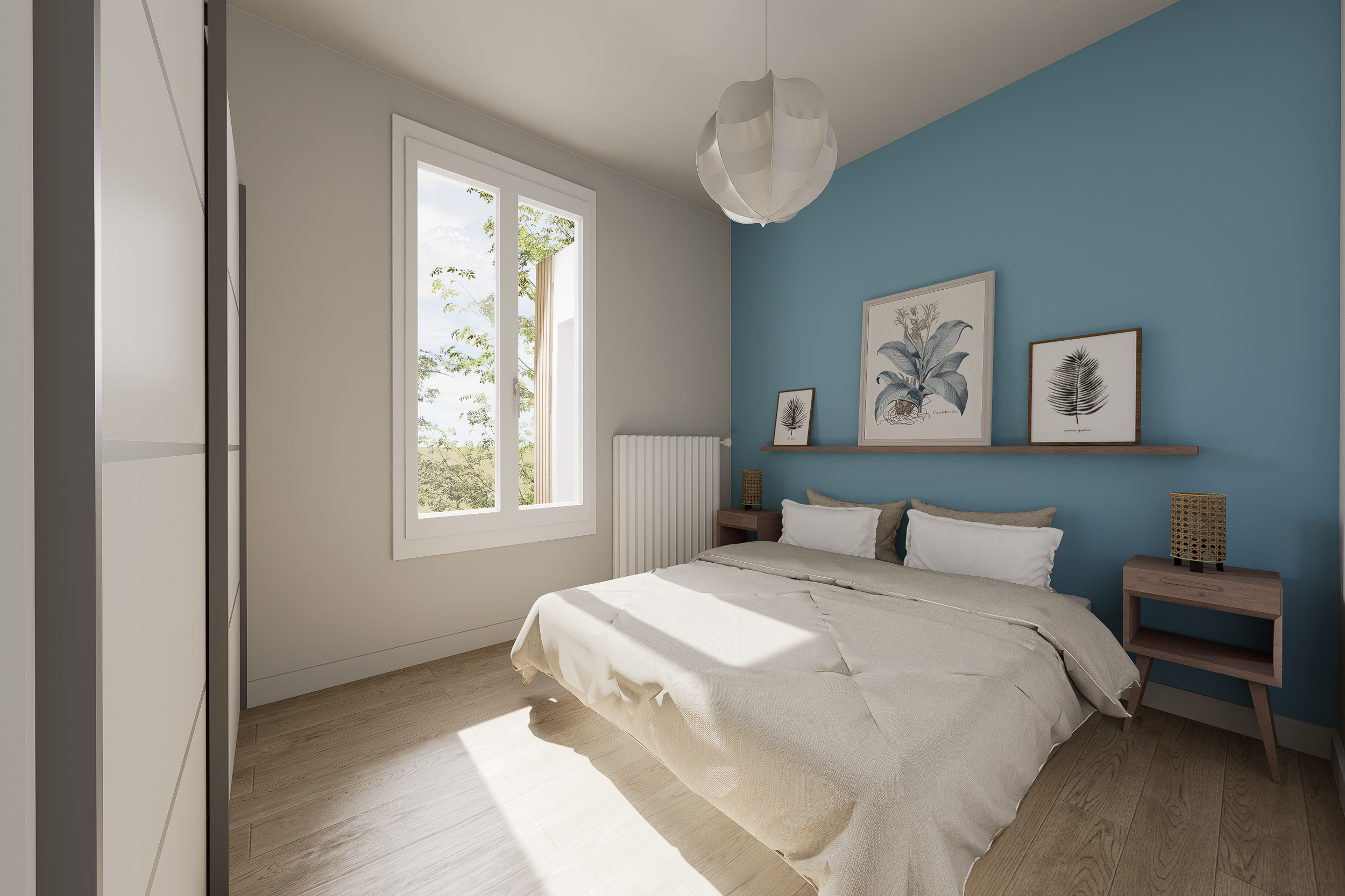 Aménagement d'une chambre moderne à Champigny-sur-Marne avec mur d'accent bleu, étagère déco et grand placard intégré.